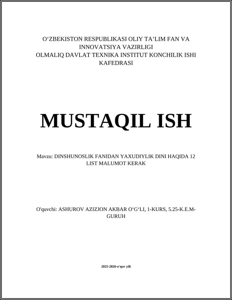 DINSHUNOSLIK FANIDAN YAXUDIYLIK DINI HAQIDA 12 LIST MALUMOT KERAK