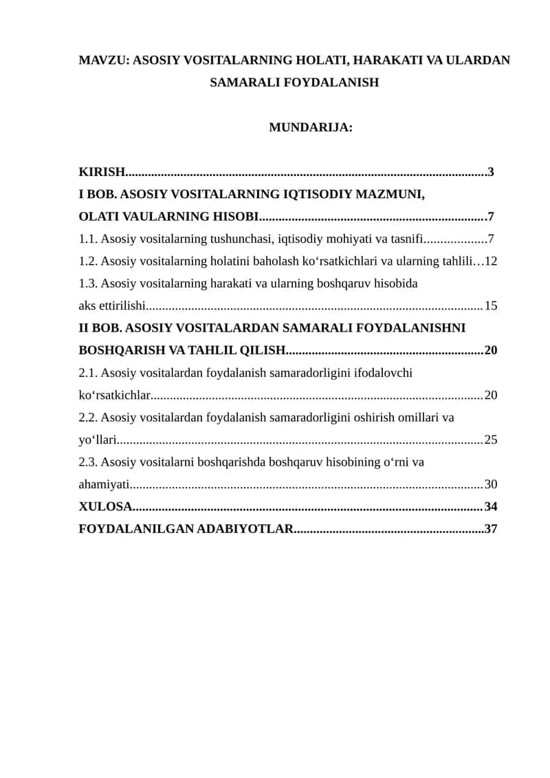 ASOSIY VOSITALARNING HOLATI, HARAKATI VA ULARDAN SAMARALI FOYDALANISH