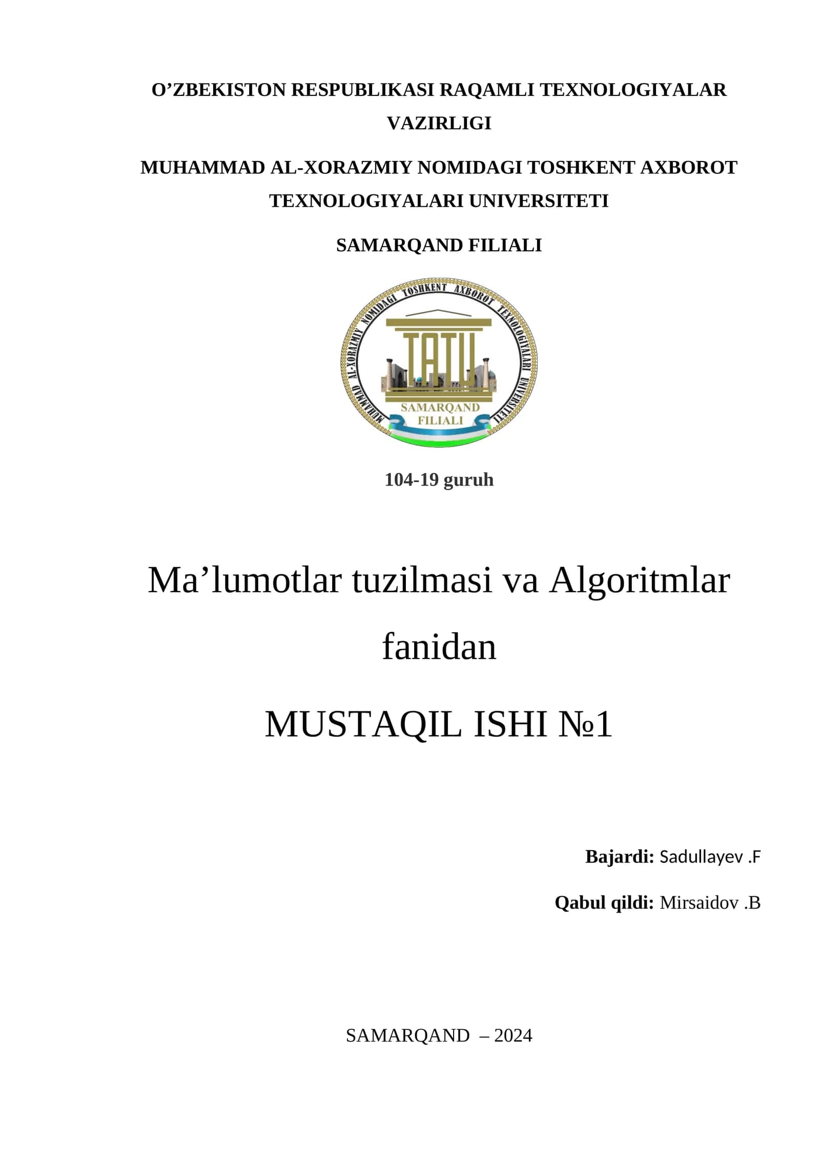 Statik va dinamik ma’lumotlar tuzilmasi. Algoritm yozish usullari. Algoritm sinflar
