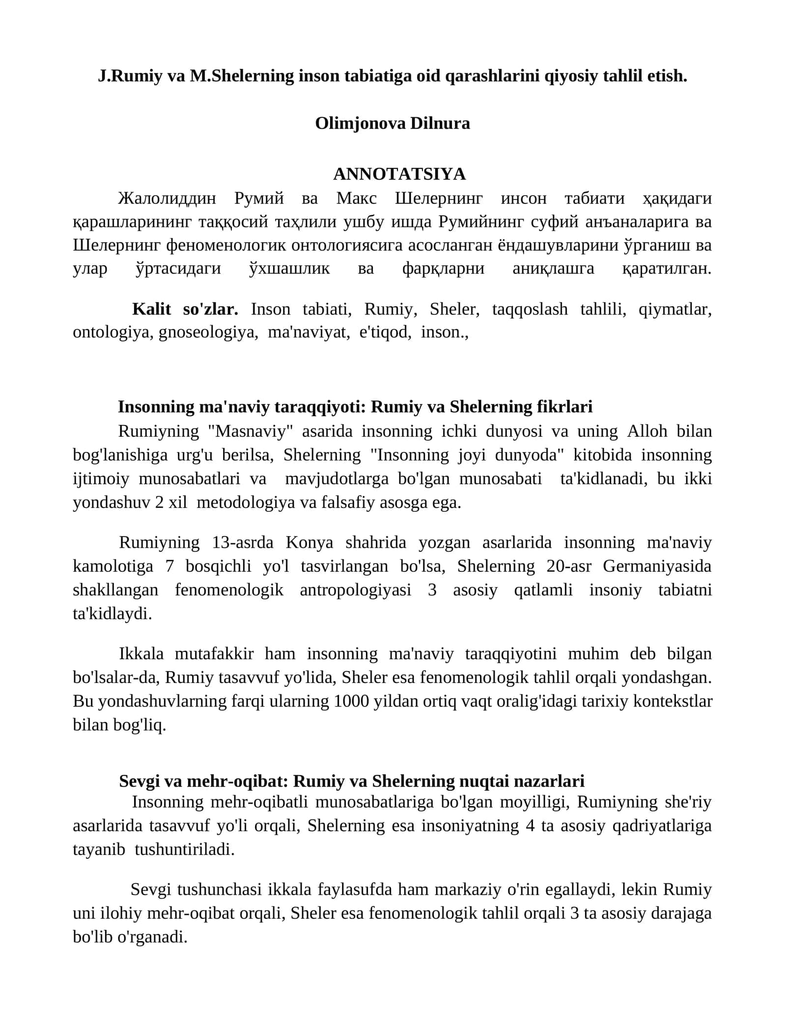 Insonning ma'naviy taraqqiyoti: Rumiy va Shelerning fikrlari