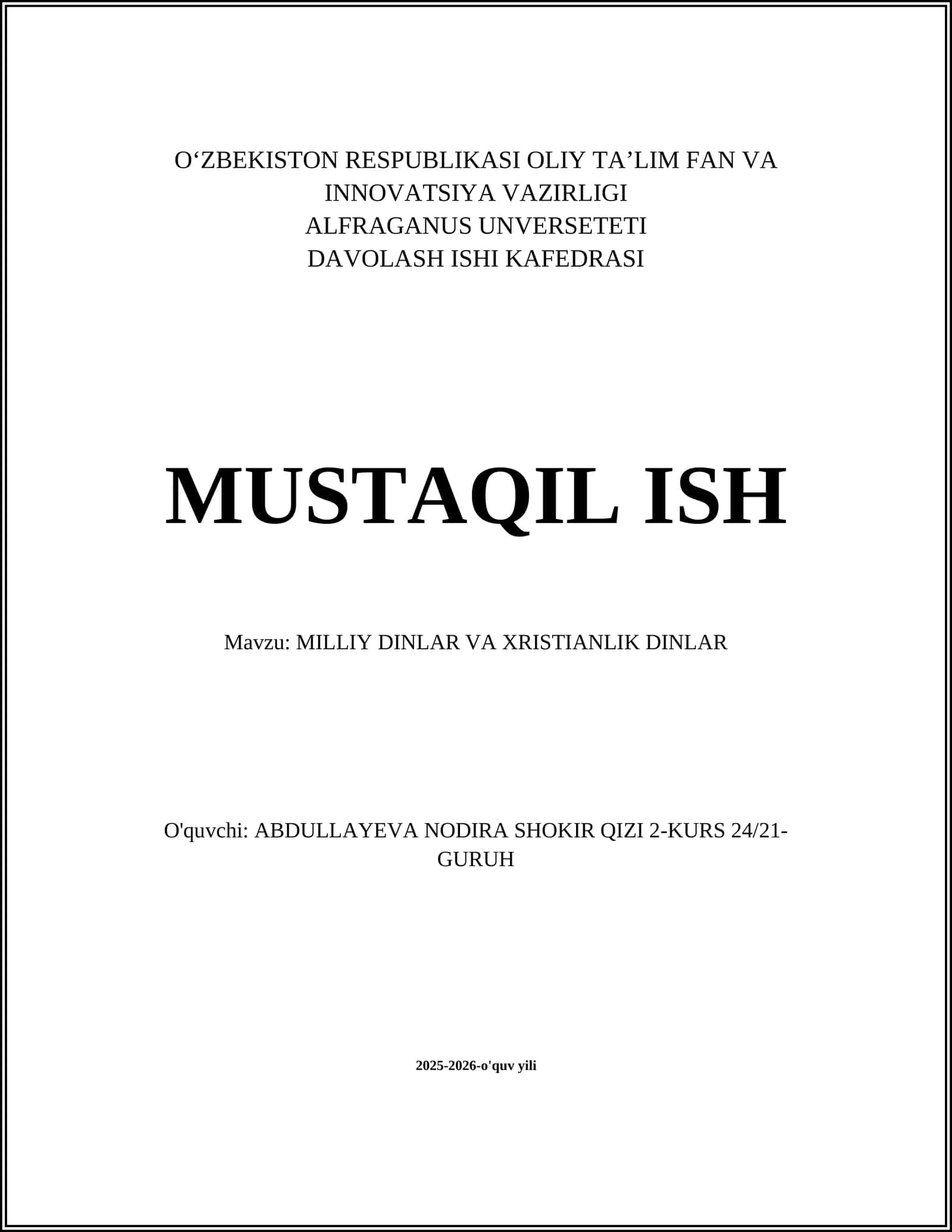 MILLIY DINLAR VA XRISTIANLIK DINLAR