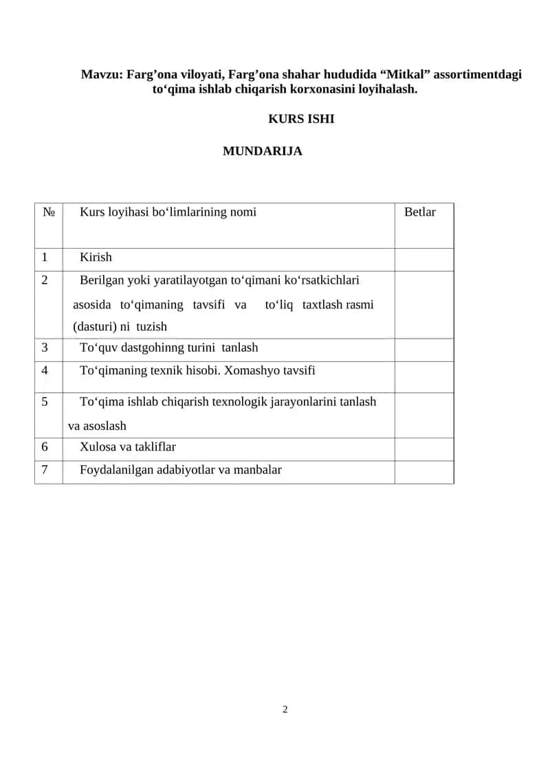 Farg’ona viloyati, Farg’ona shahar hududida “Mitkal” assortimentdagi to‘qima ishlab chiqarish korxonasini loyihalash.