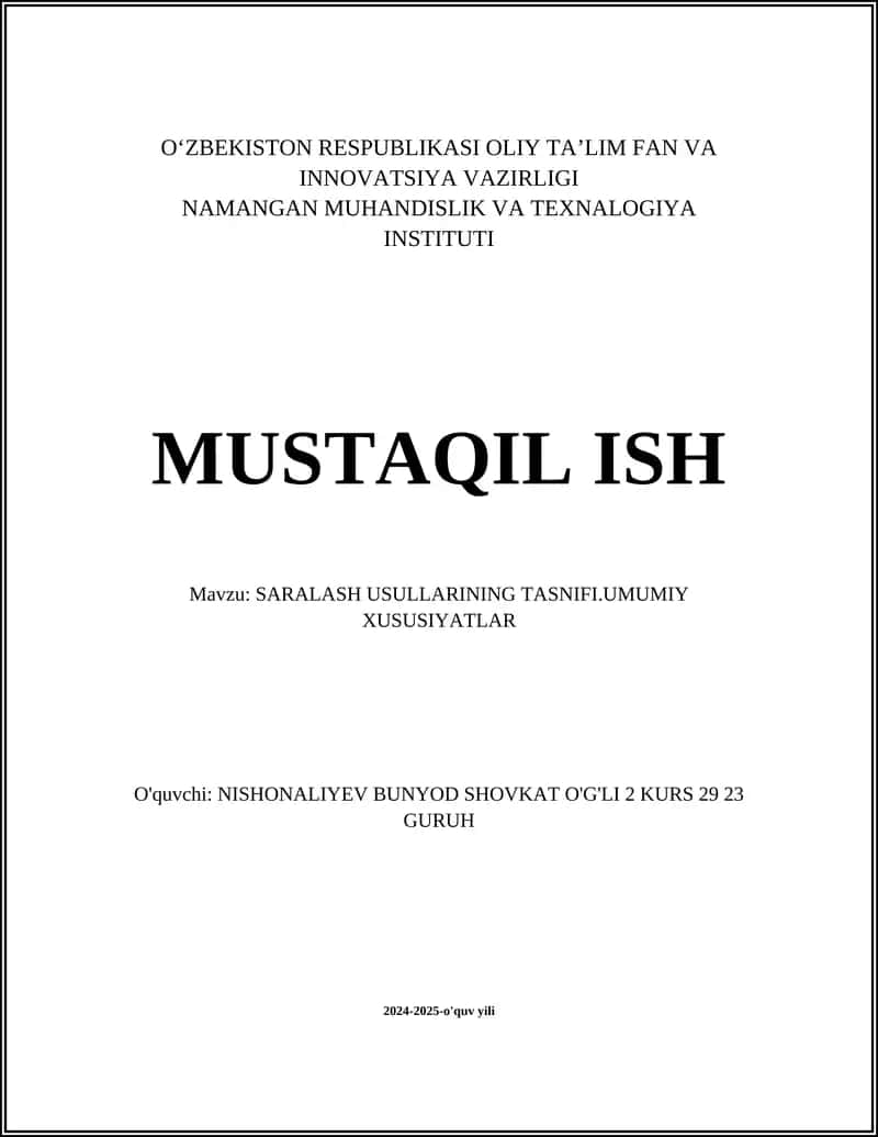 SARALASH USULLARINING TASNIFI.UMUMIY XUSUSIYATLAR