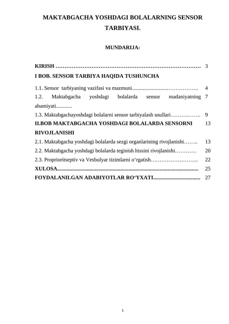 MAKTABGACHA YOSHDAGI BOLALARNING SENSOR TARBIYASI