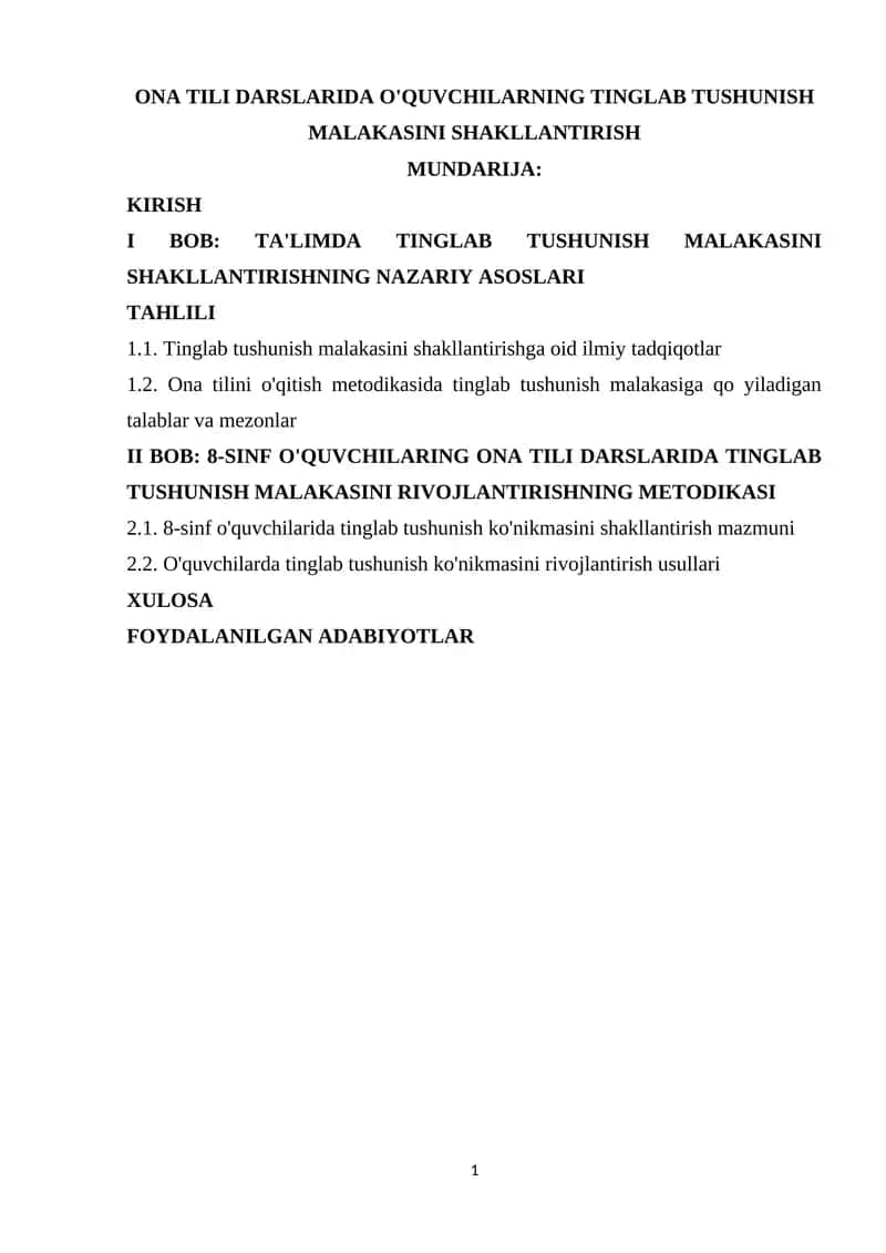 8-sinf O'quvchilarning Ona Tili Darslarida Tinglab Tushunish Malakasini Rivojlantirishning Metodikasi