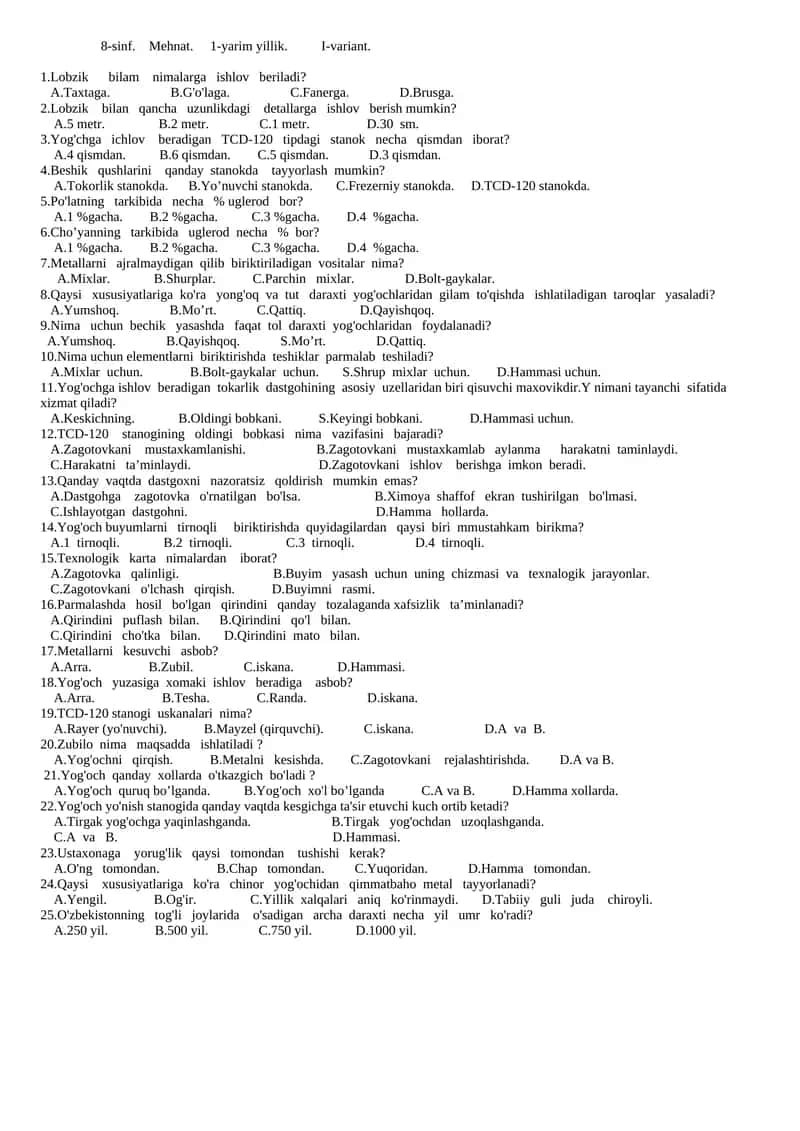 8-sinf. Mehnat. 1-yarim yillik. I-variant.