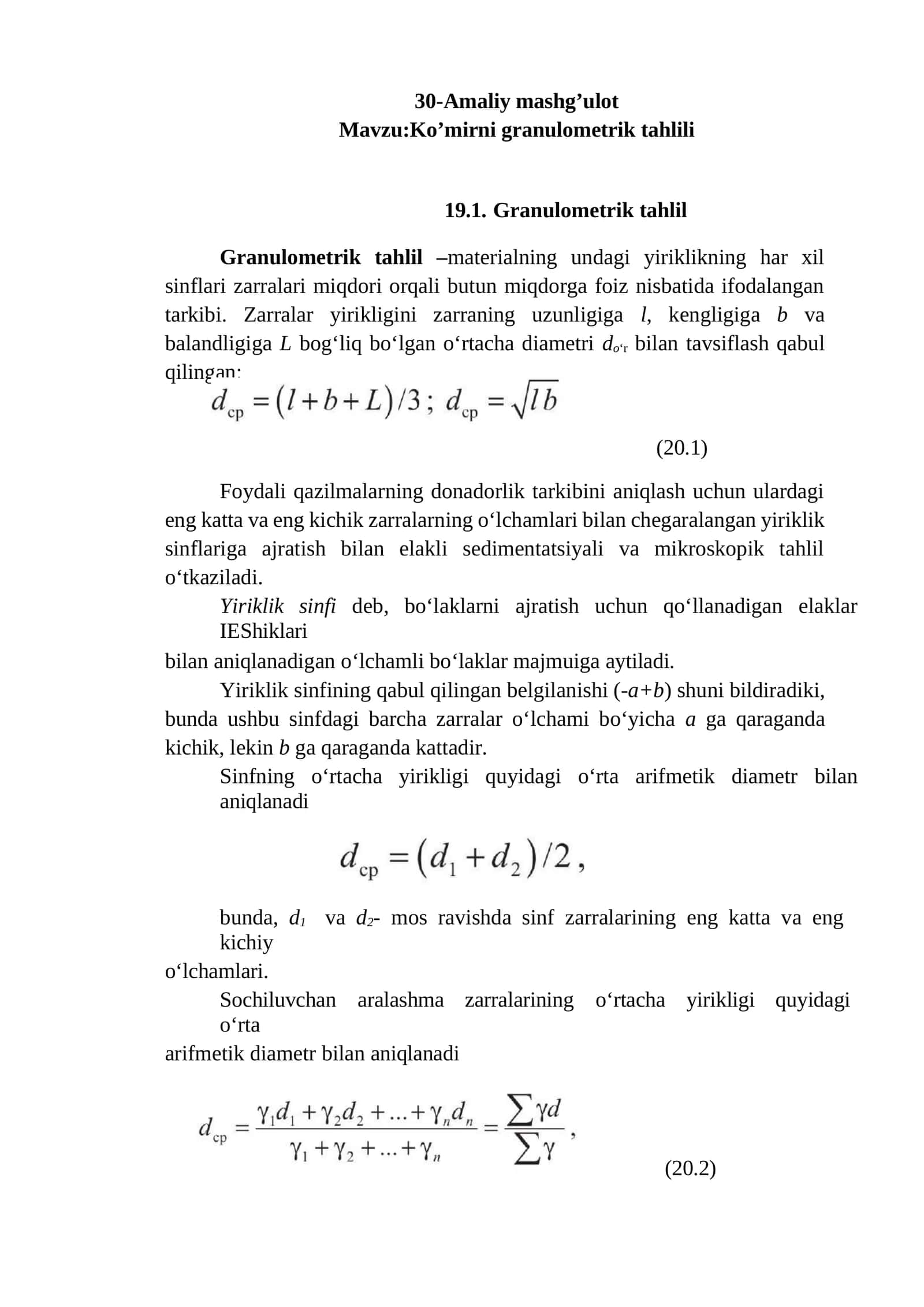 Ko’mirni granulometrik tahlili