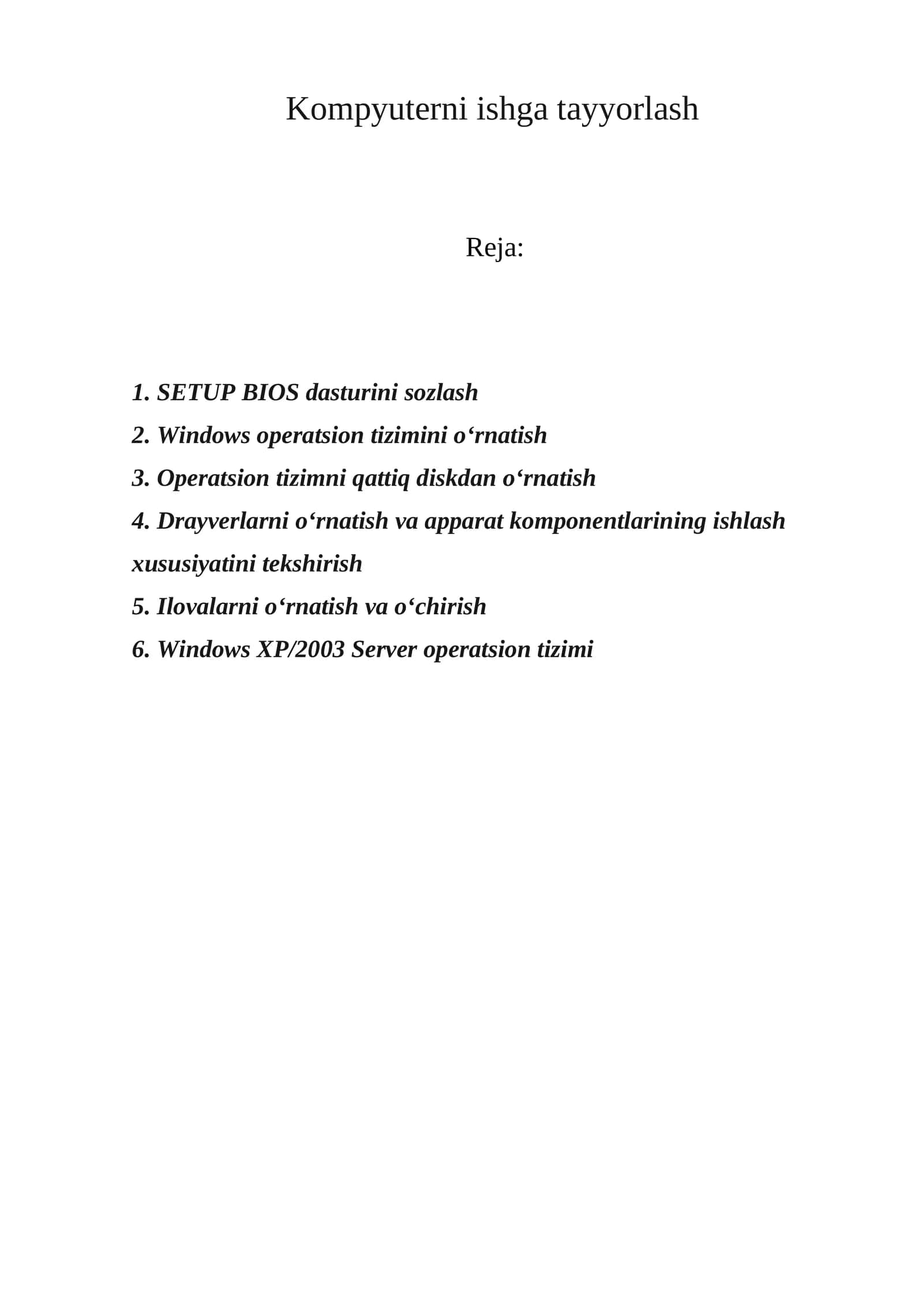 Kompyuterni ishga tayyorlash