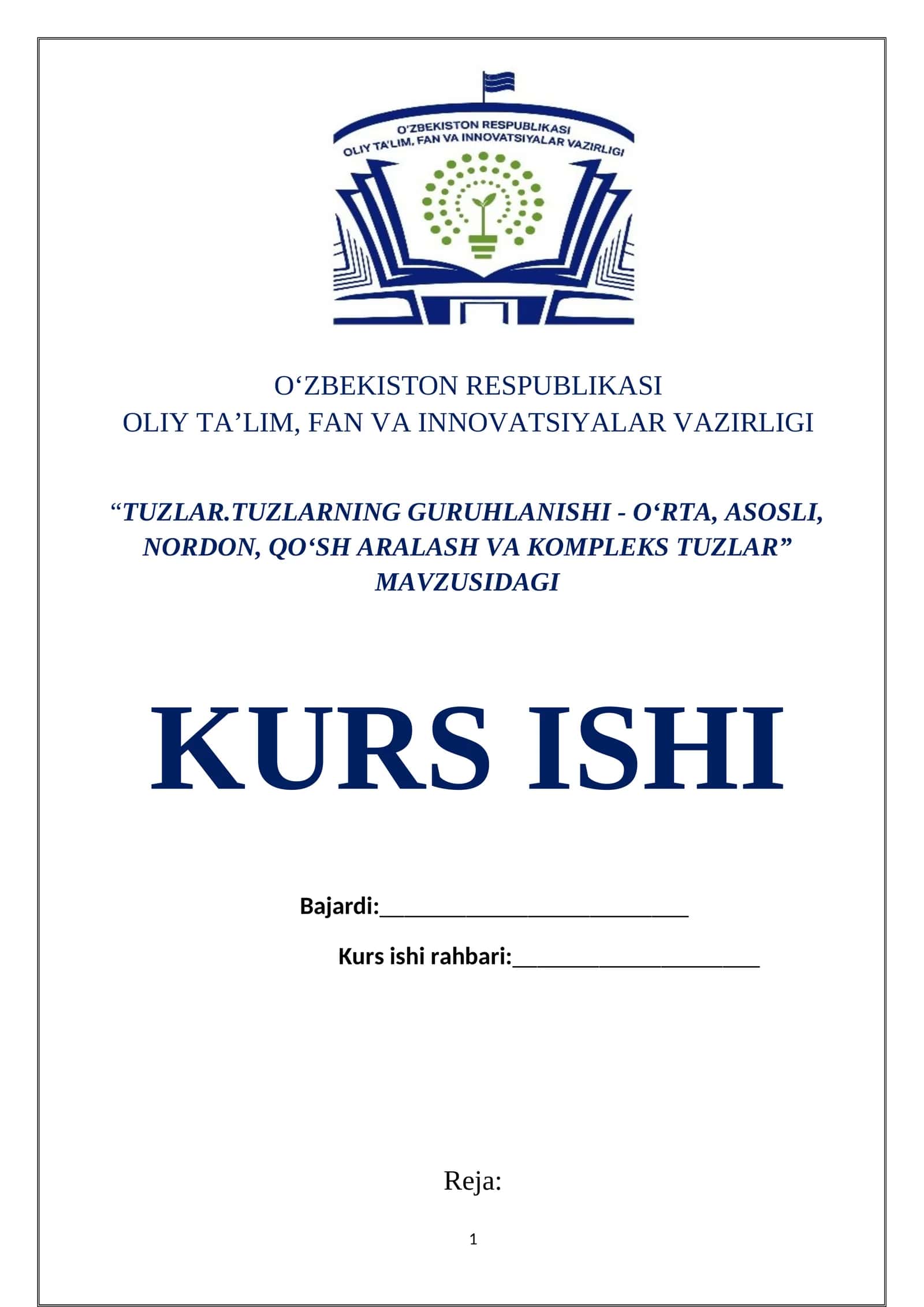 TUZLAR.TUZLARNING GURUHLANISHI - O‘RTA, ASOSLI, NORDON, QO‘SH ARALASH VA KOMPLEKS TUZLAR