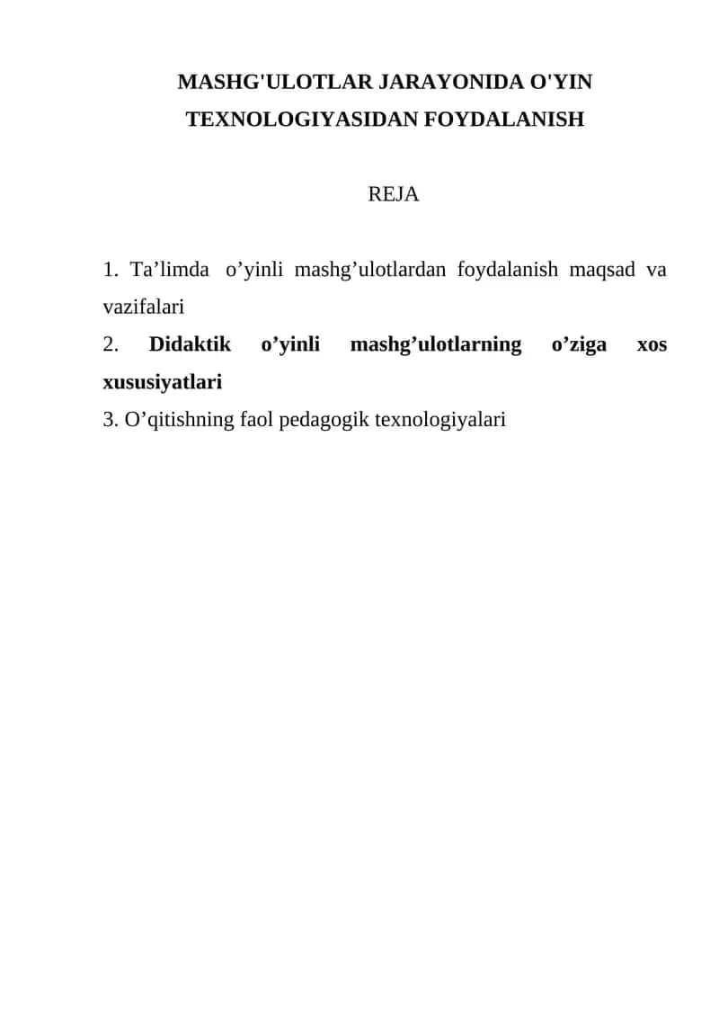 o’yin texnologiyasidan foydalanish