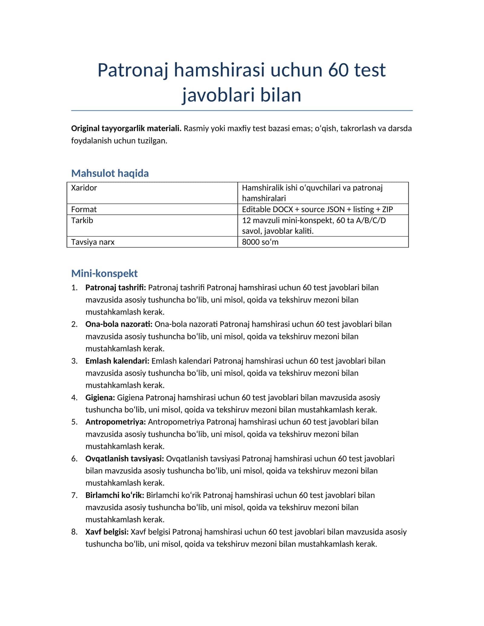 Patronaj hamshirasi uchun 60 test javoblari bilan