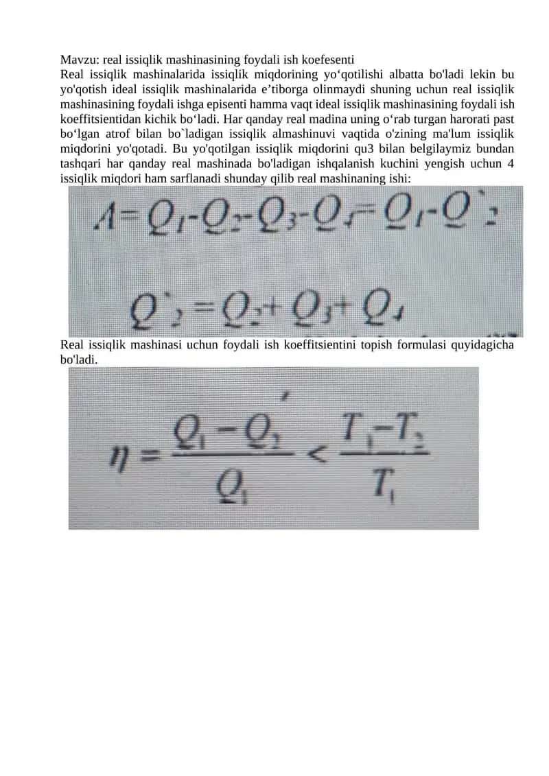 real issiqlik mashinasining foydali ish koefesenti