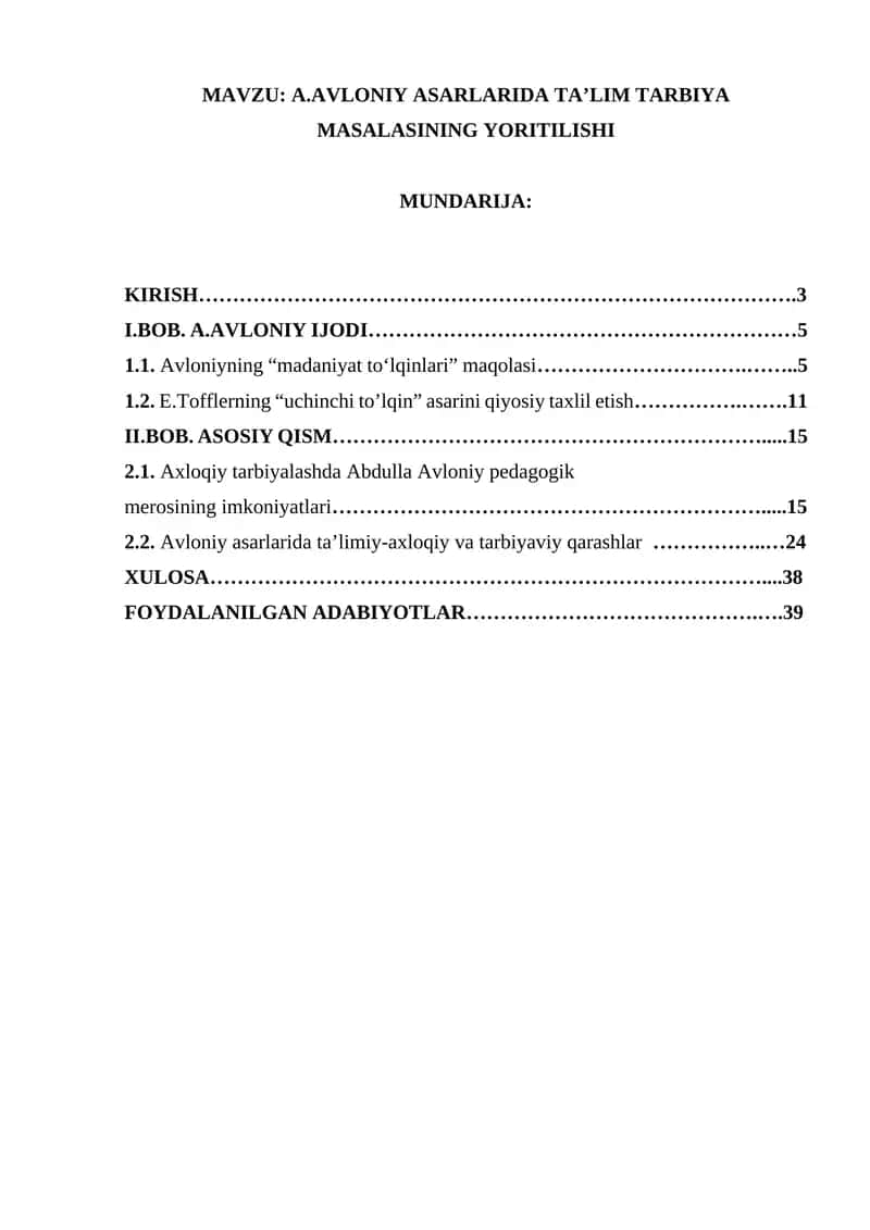 A.AVLONIY ASARLARIDA TA’LIM TARBIYA MASALASINING YORITILISHI