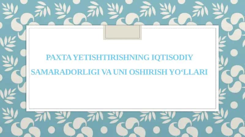 Paxta yetishtirishning iqtisodiy samaradorligi va uni oshirish yo‘llari