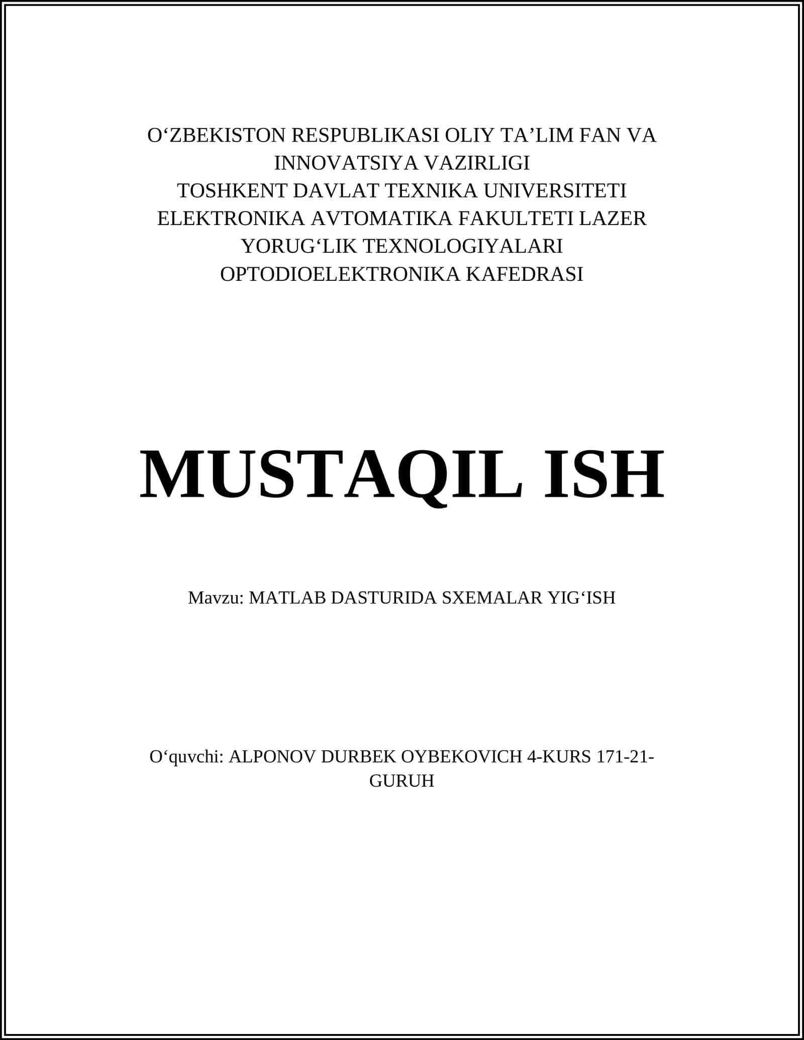 MATLAB DASTURIDA SXEMALAR YIGʻISH