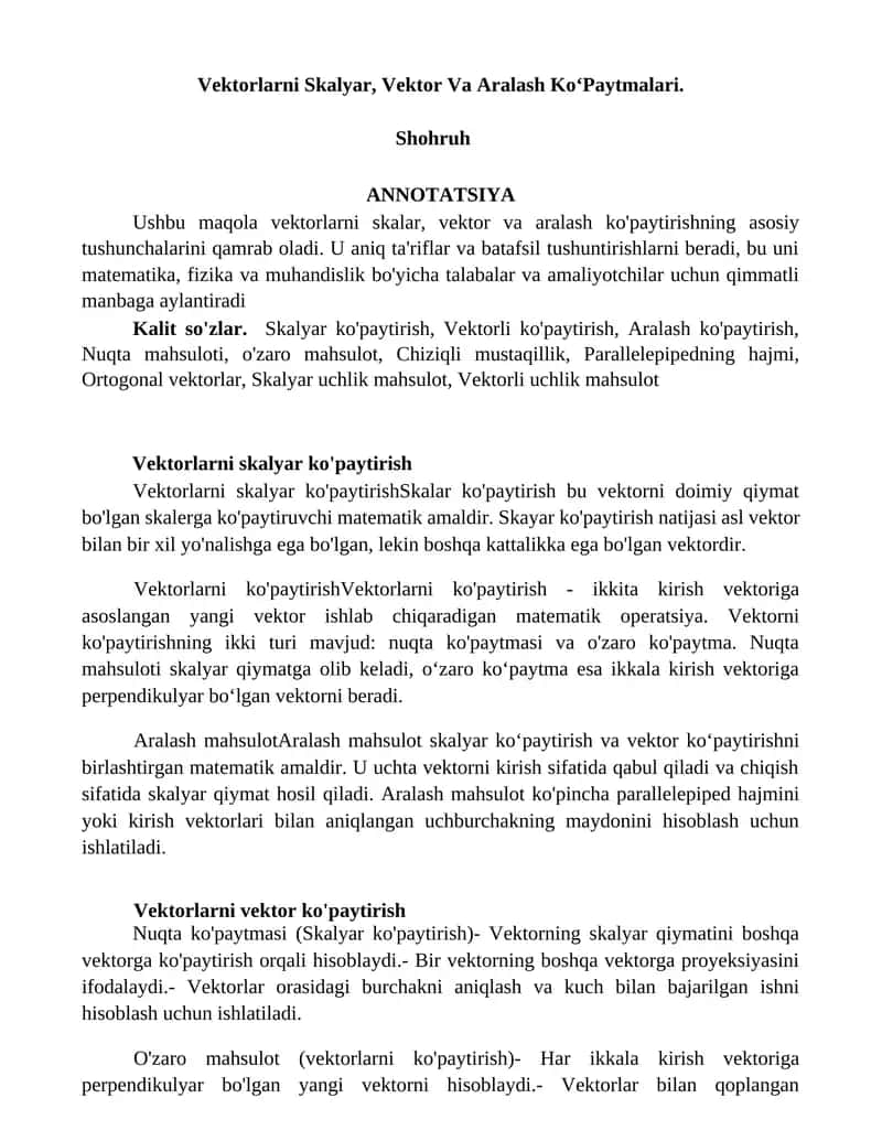 Vektorlarni Skalyar, Vektor Va Aralash KoʻPaytmalari