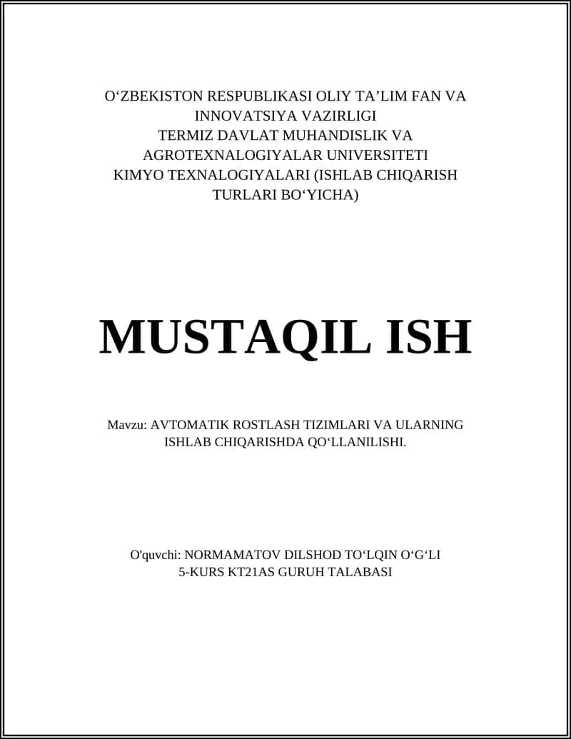 AVTOMATIK ROSTLASH TIZIMLARI VA ULARNING ISHLAB CHIQARISHDA QOʻLLANILISHI