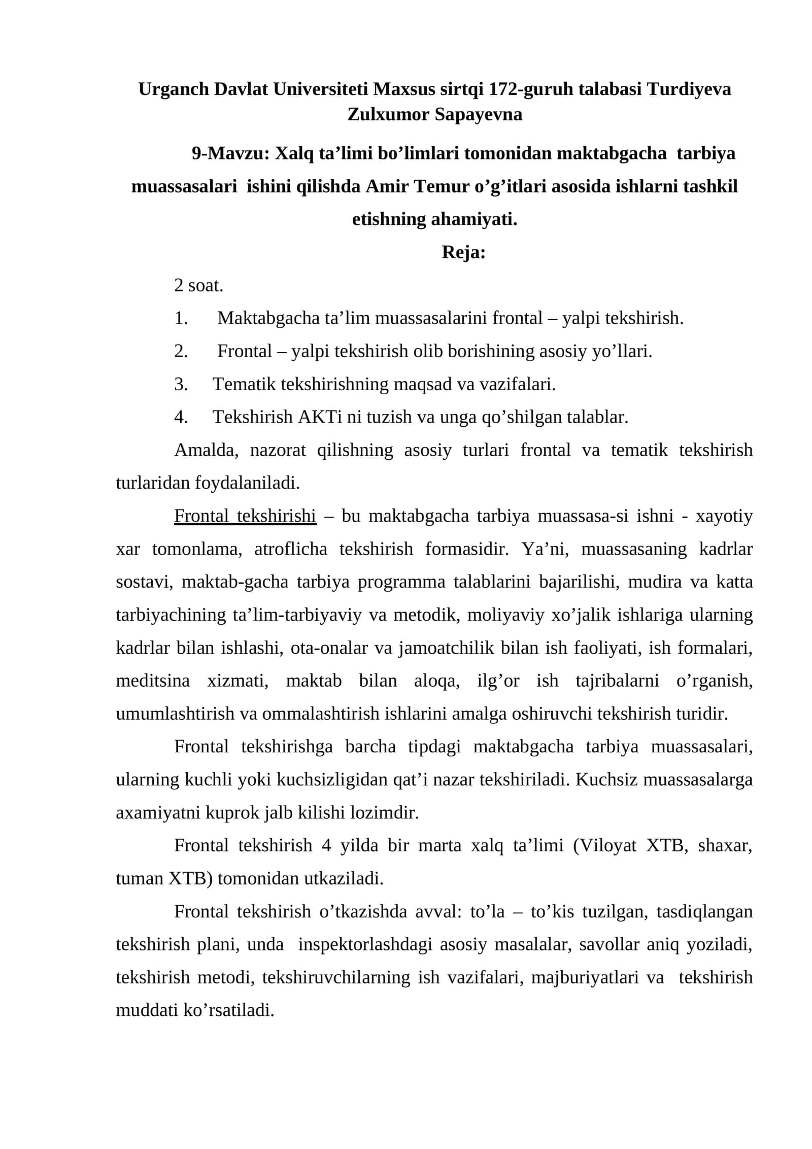 Xalq ta’limi bo’limlari tomonidan maktabgacha tarbiya muassasalari ishini qilishda Amir Temur o’g’itlari asosida ishlarni tashkil etishning ahamiyati