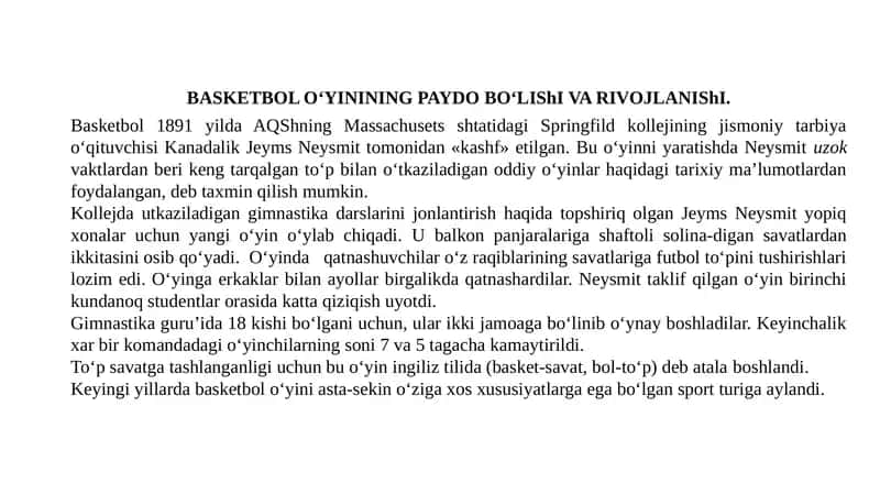 Basketbol O‘yining paydo bo‘lishi va rivojlanishi