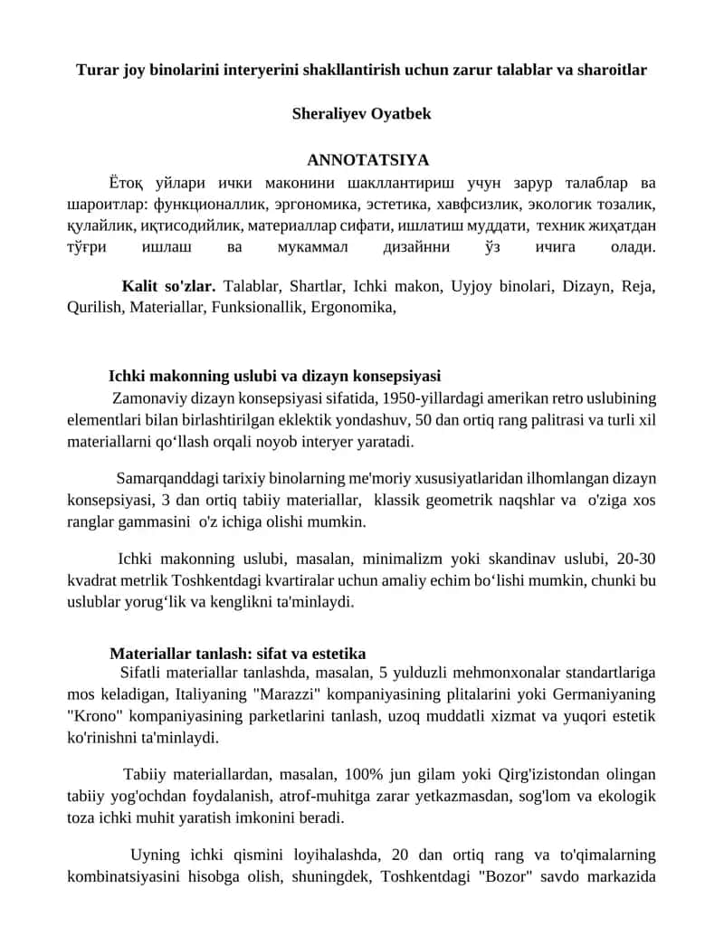 Turar joy binolarini interyerini shakllantirish uchun zarur talablar va sharoitlar