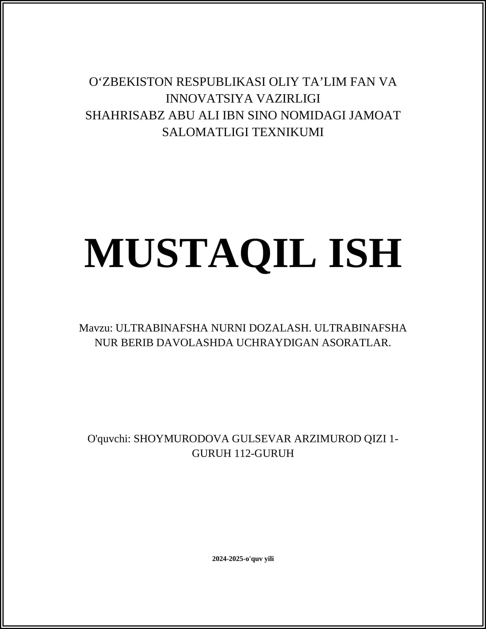ULTRABINAFSHA NURNI DOZALASH