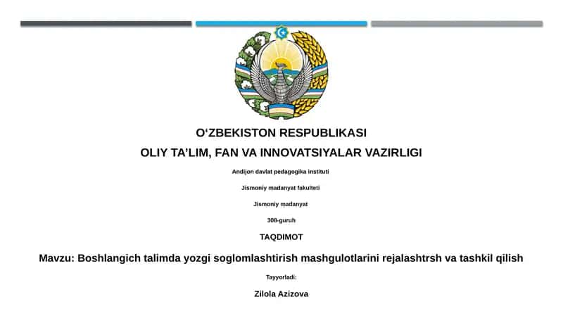 Boshlangich talimda yozgi sog'lomlashtirish mashgulotlarini rejalashtrsh va tashkil qilish