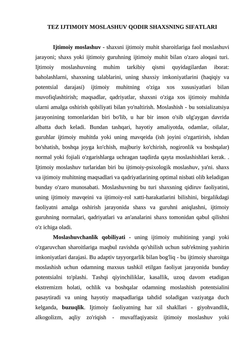TEZ IJTIMOIY MOSLASHUV QODIR SHAXSNING SIFATLARI