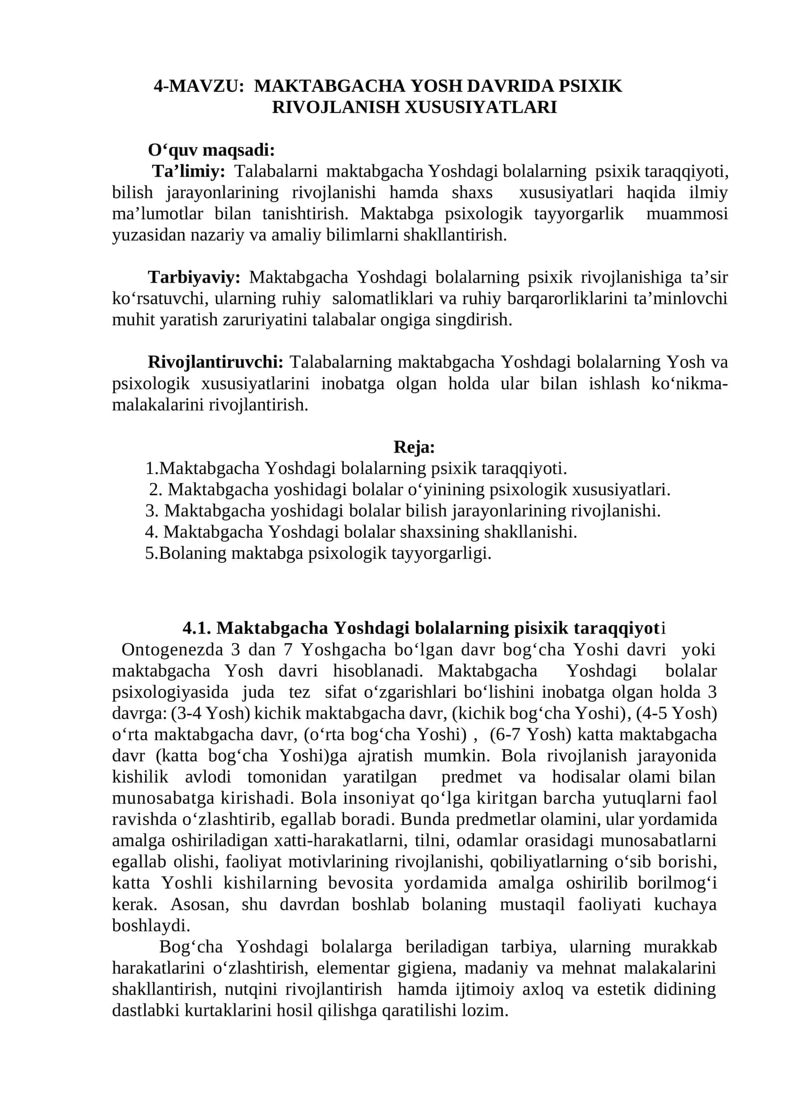 MAKTABGACHA YOSH DAVRIDA PSIXIK RIVOJLANISH XUSUSIYATLARI