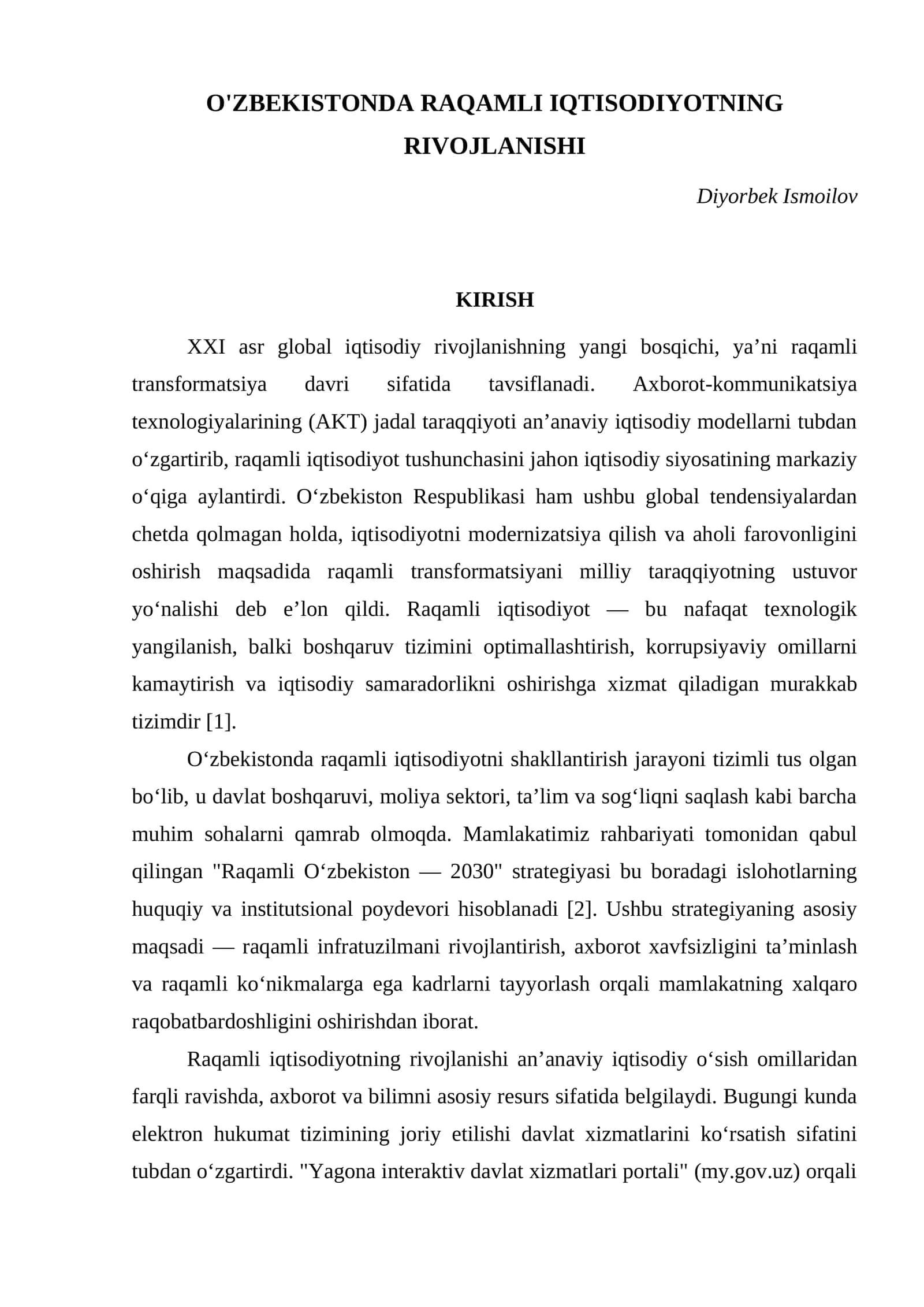O'ZBEKISTONDA RAQAMLI IQTISODIYOTNING RIVOJLANISHI