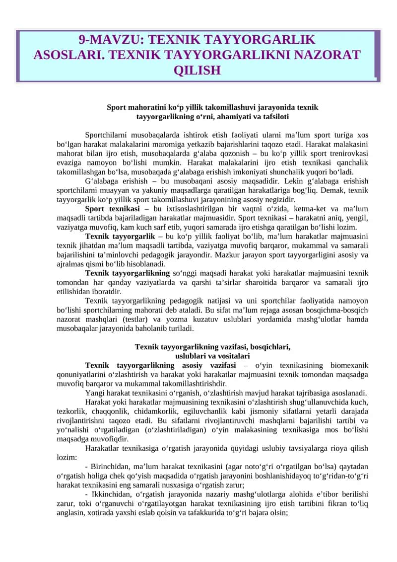 TEXNIK TAYYORGARLIK ASOSLARI. TEXNIK TAYYORGARLIKNI NAZORAT QILISH