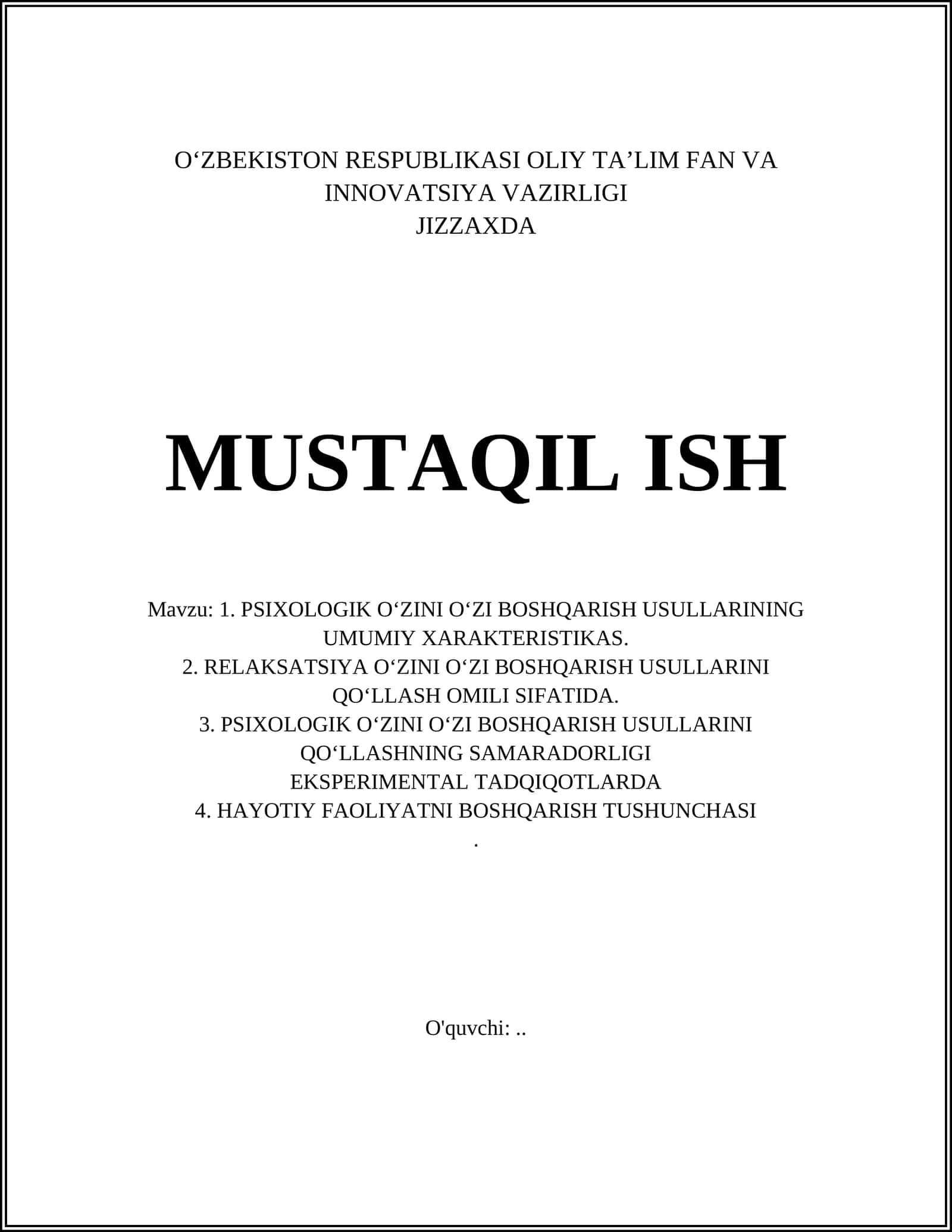 Psixologik o‘zini o‘zi boshqarish usullari