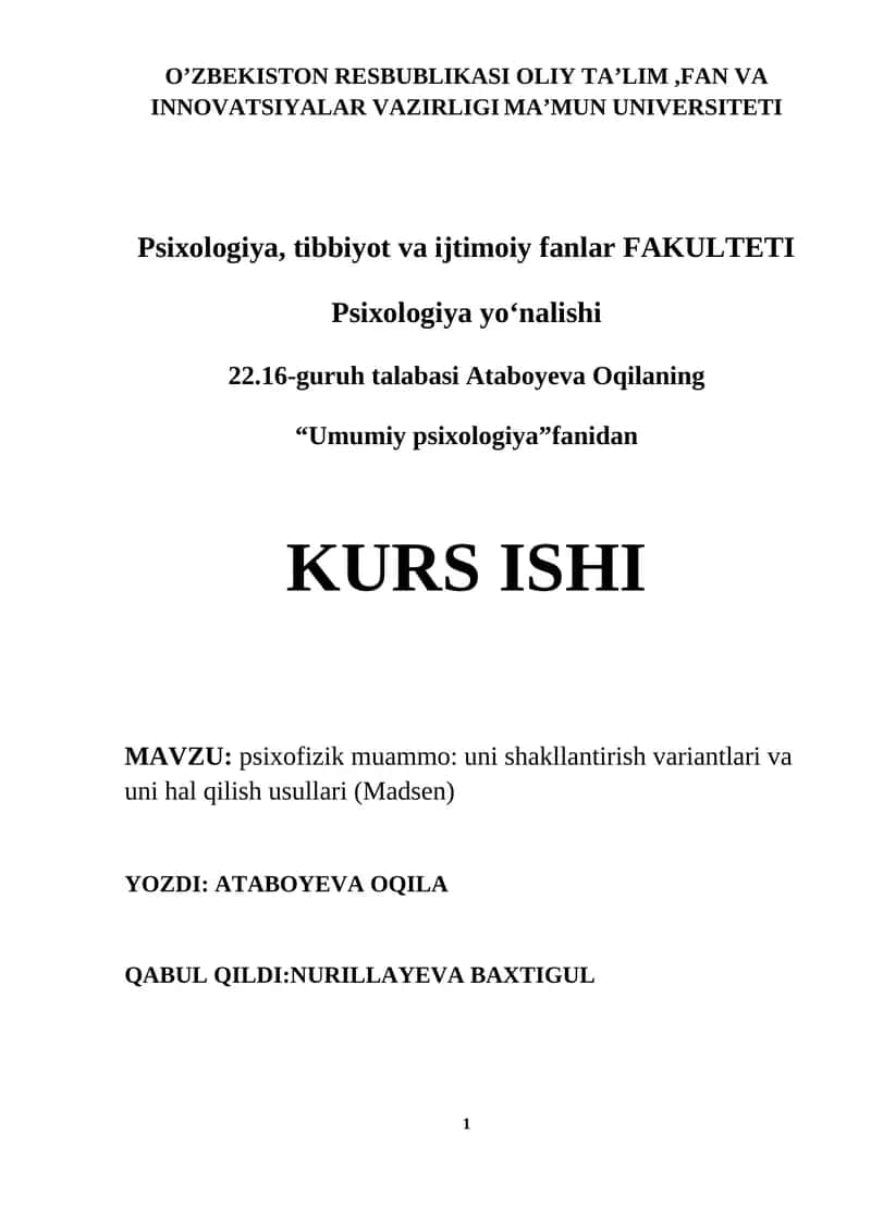 Psixofizik muammo: uni shakllantirish variantlari va uni hal qilish usullari (Madsen)