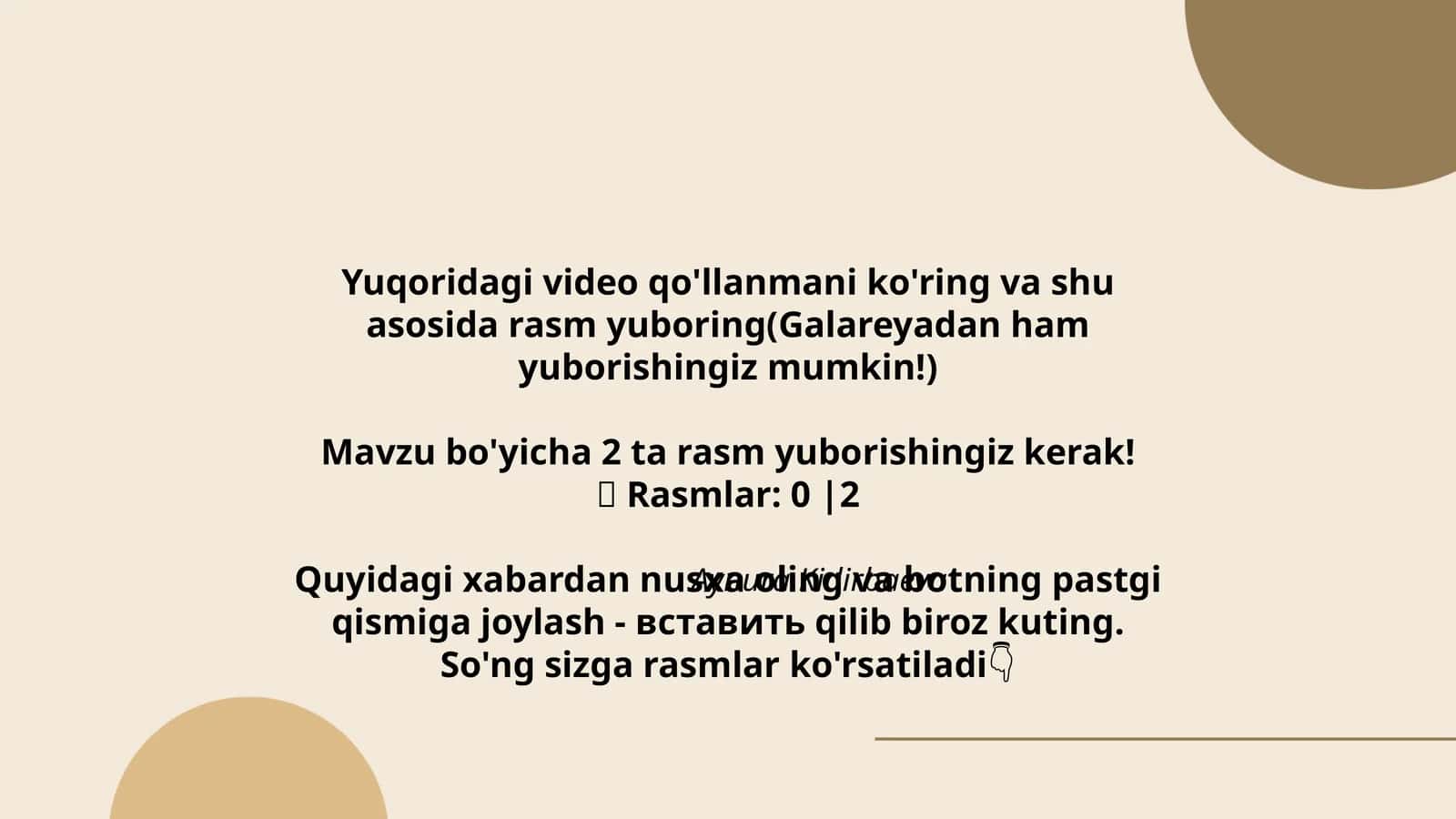 Yuqoridagi video qo'llanmani ko'ring va shu asosida rasm yuboring