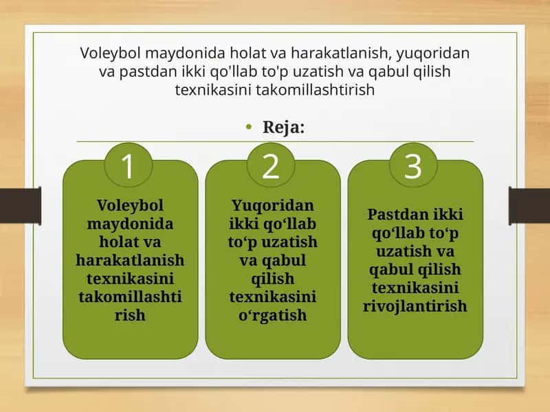Voleybol maydonida holat va harakatlanish, yuqoridan va pastdan ikki qo'llab to'p uzatish va qabul qilish texnikasini takomillashtirish