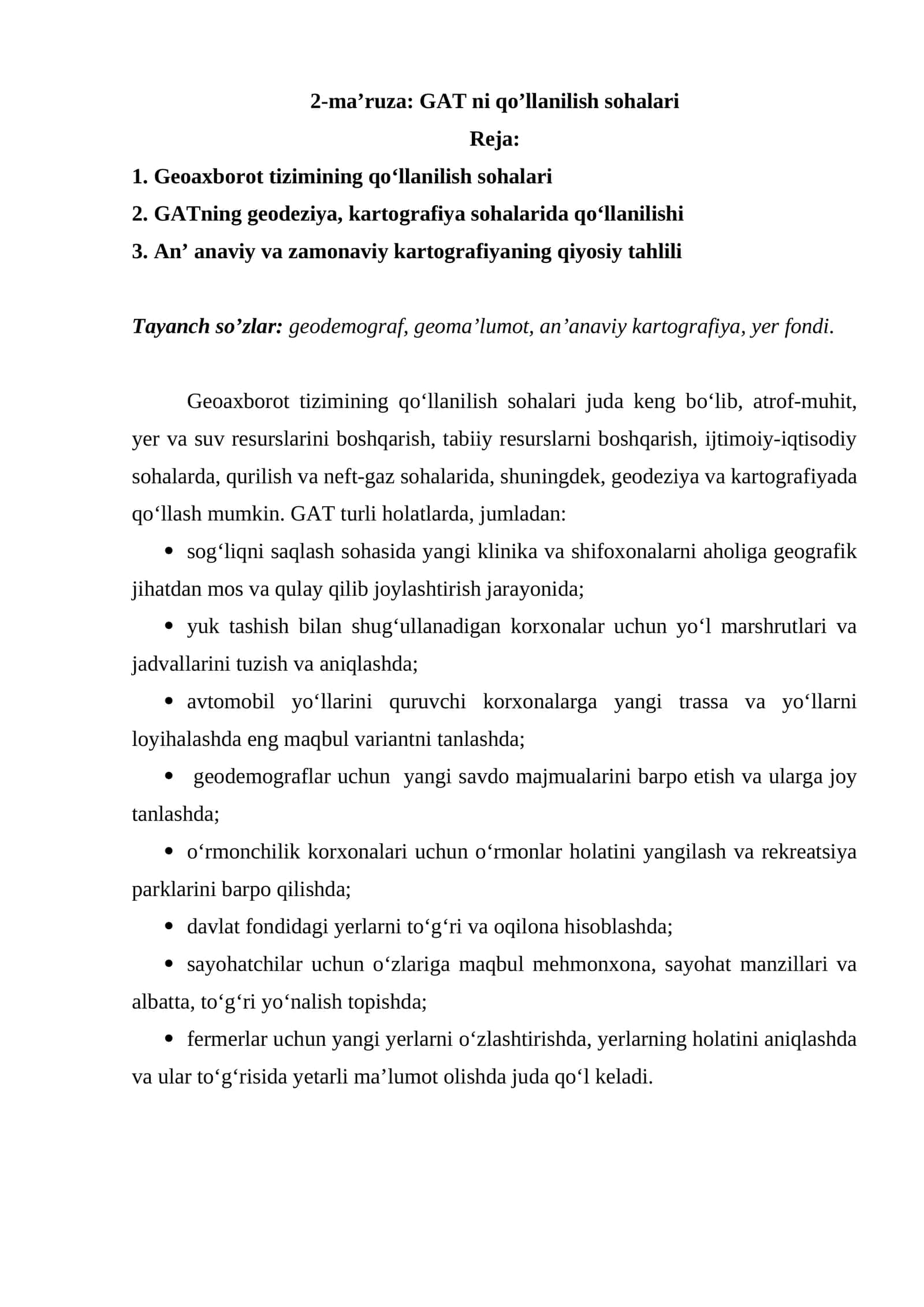 Geoaxborot tizimining qoʻllanilish sohalari