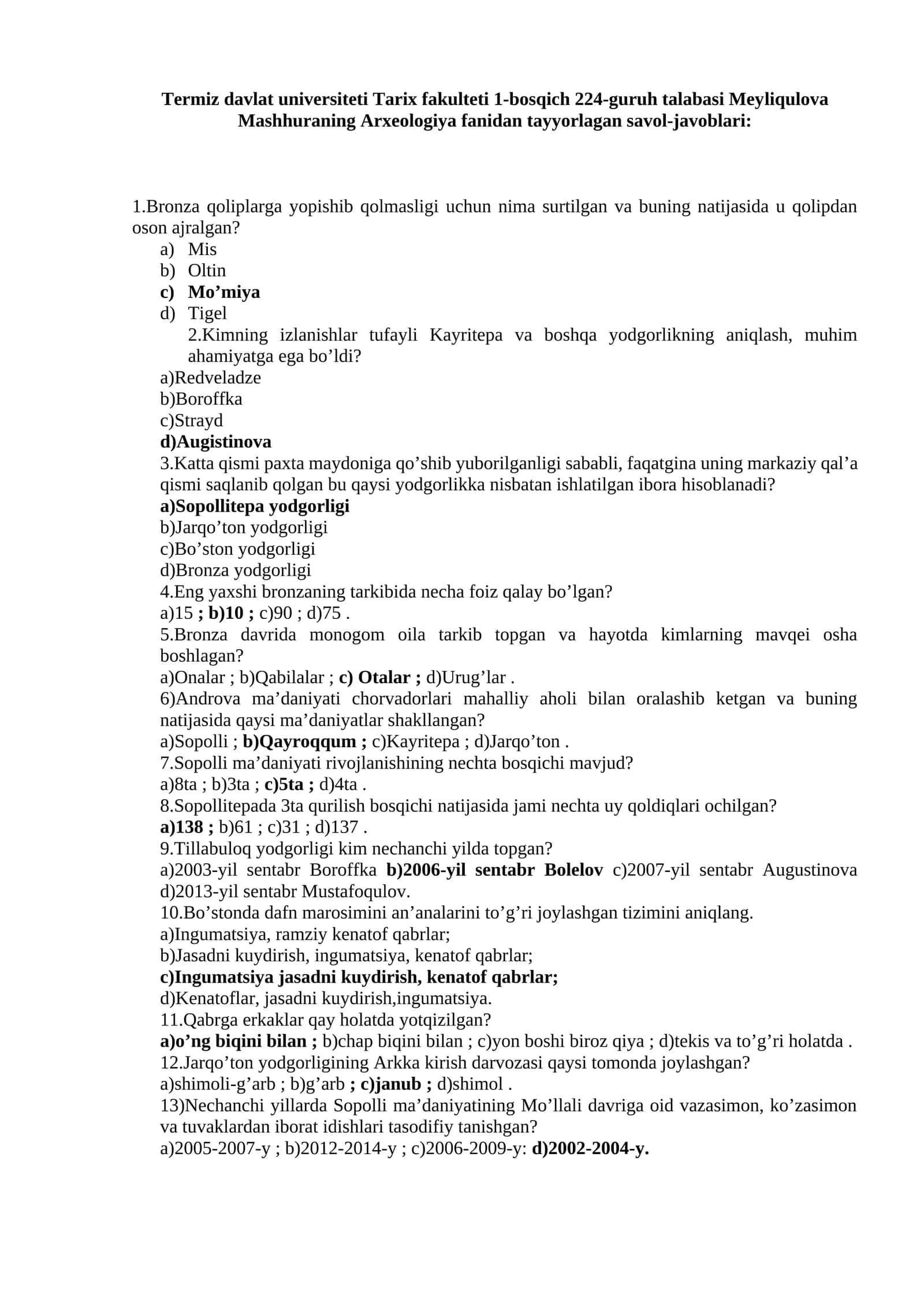 Meyliqulova Mashhuraning Arxeologiya fanidan tayyorlagan savol-javoblari