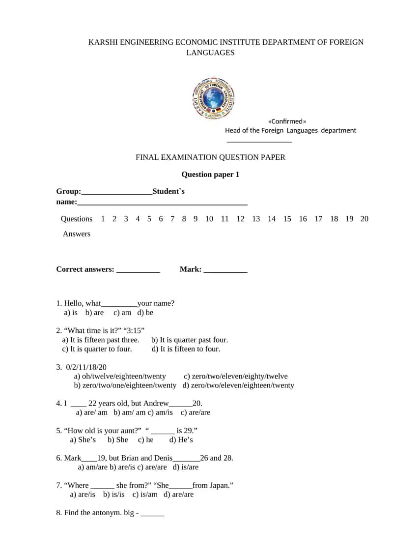 FINAL EXAMINATION QUESTION PAPER