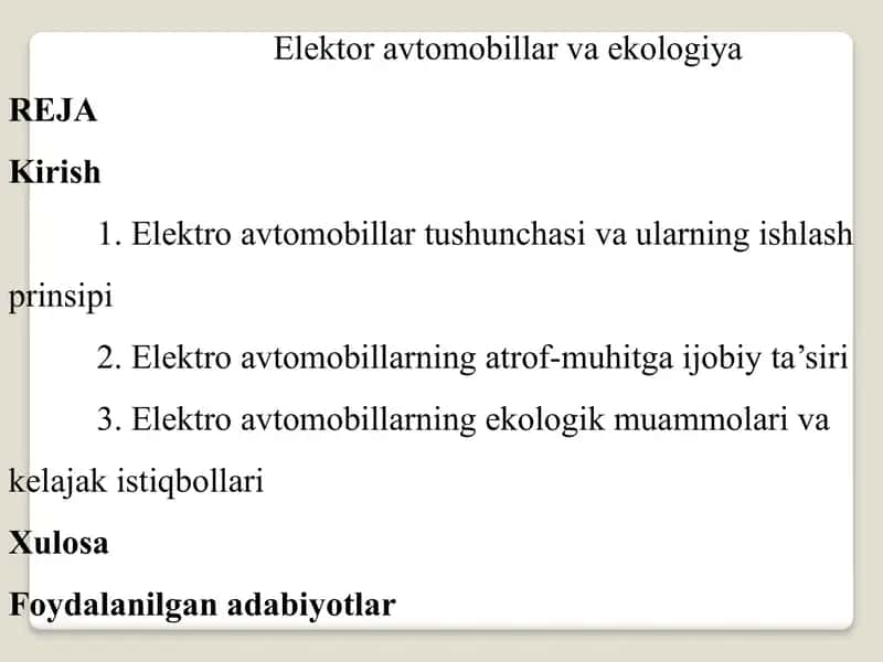 Elektoravtomobillar va ekologiya