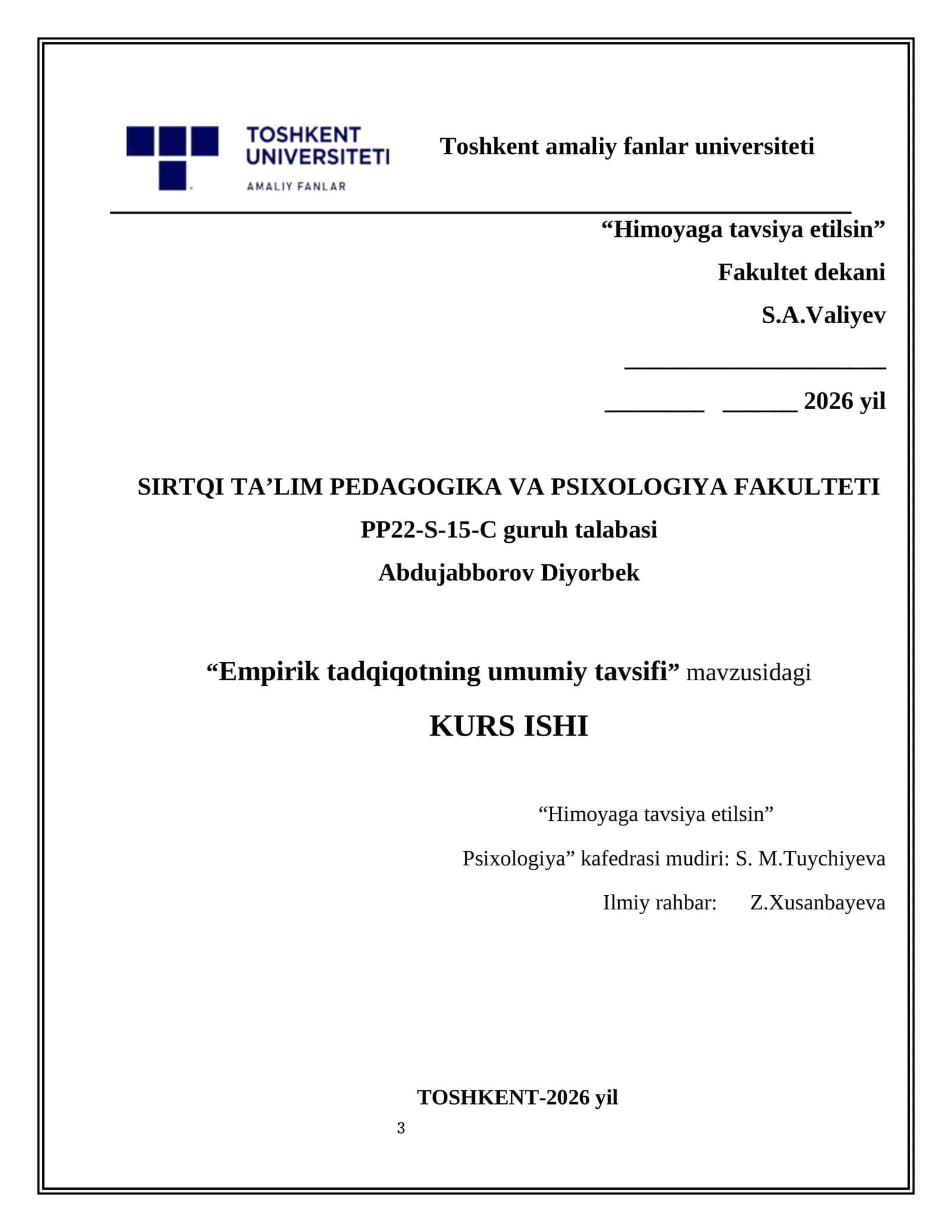 Empirik tadqiqotning umumiy tavsifi