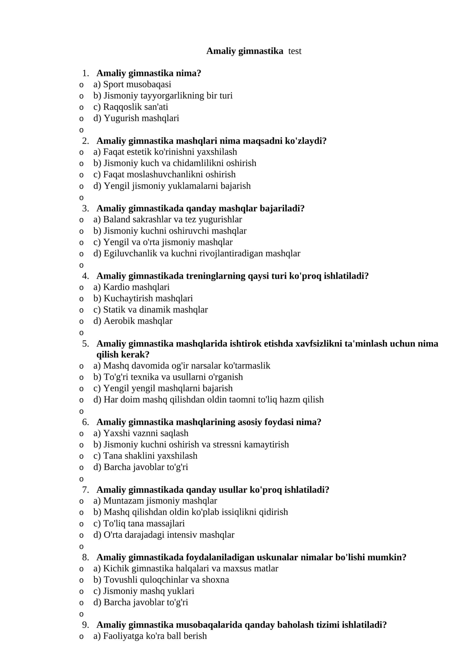 Amaliy gimnastika test