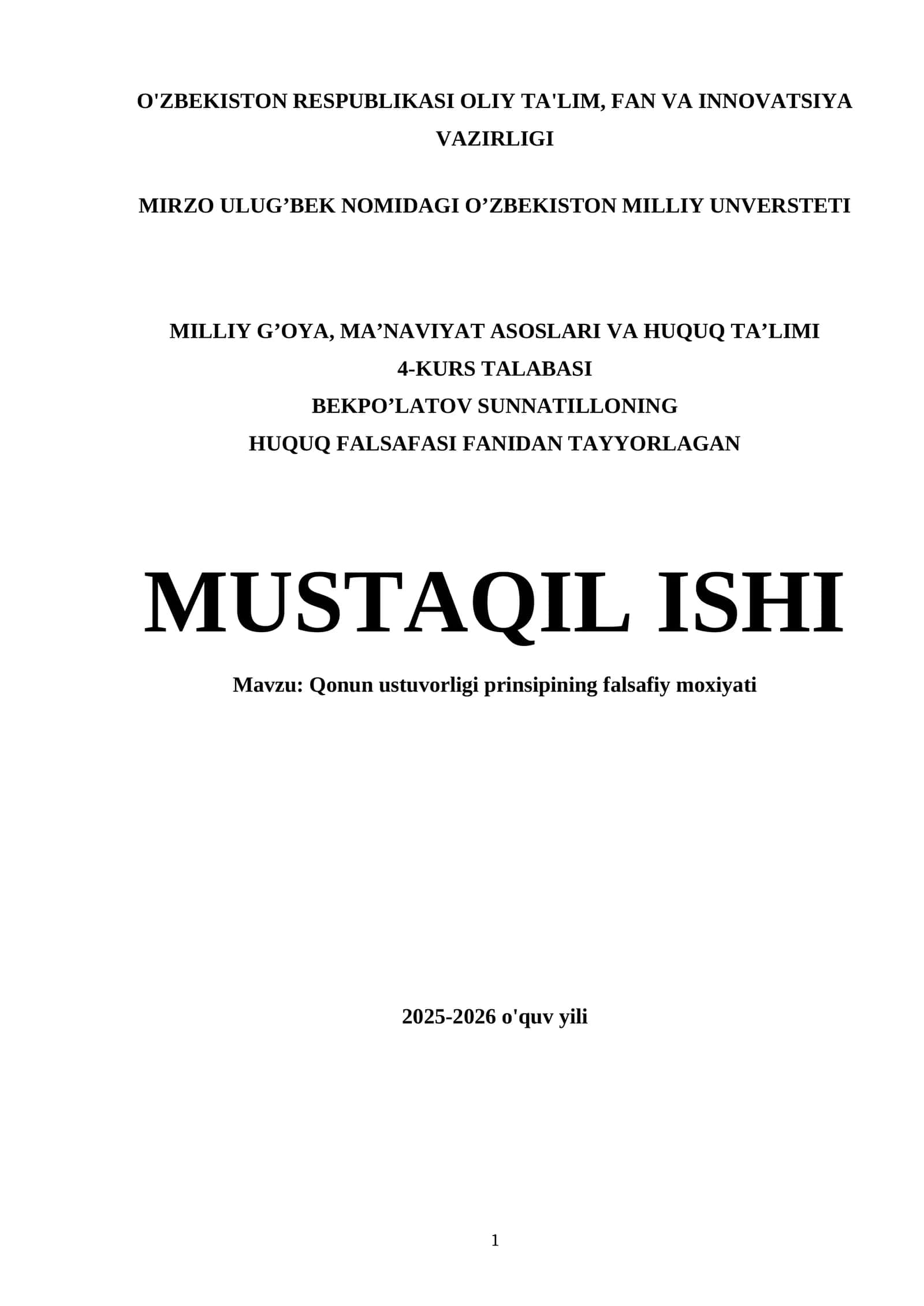 Qonun ustuvorligi prinsipining falsafiy moxiyati