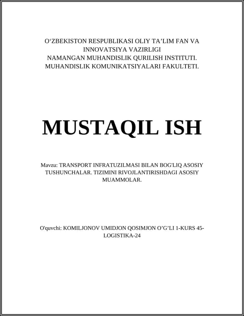 TRANSPORT INFRATUZILMASI BILAN BOG'LIQ ASOSIY TUSHUNCHALAR