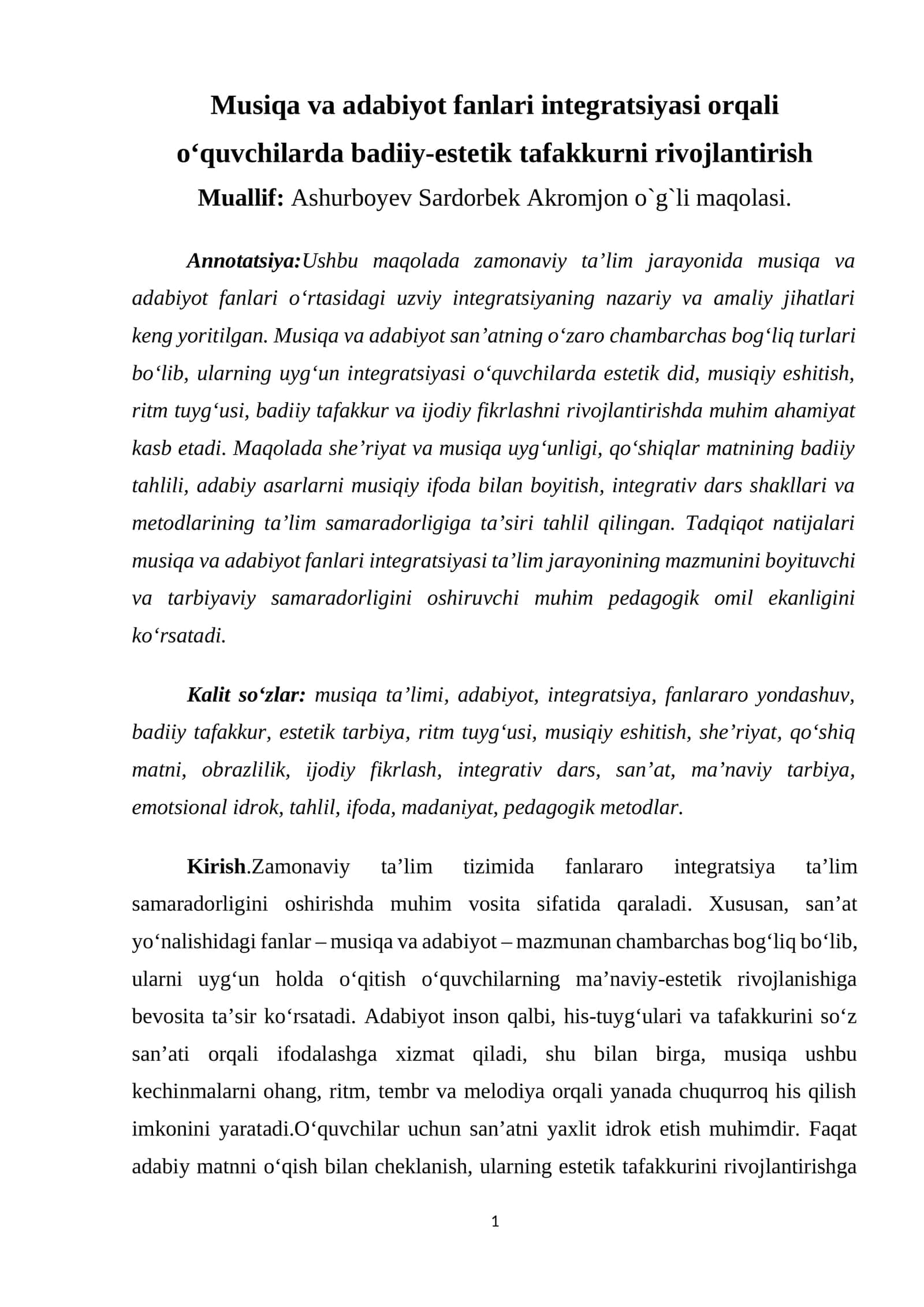Musiqa va adabiyot fanlari integratsiyasi orqali o‘quvchilarda badiiy-estetik tafakkurni rivojlantirish