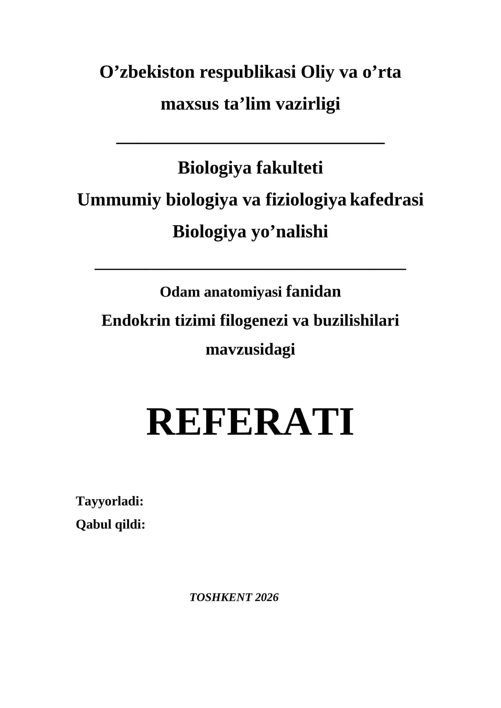 Endokrin tizimi filogenezi va buzilishlari REFERAT 2026 YIL