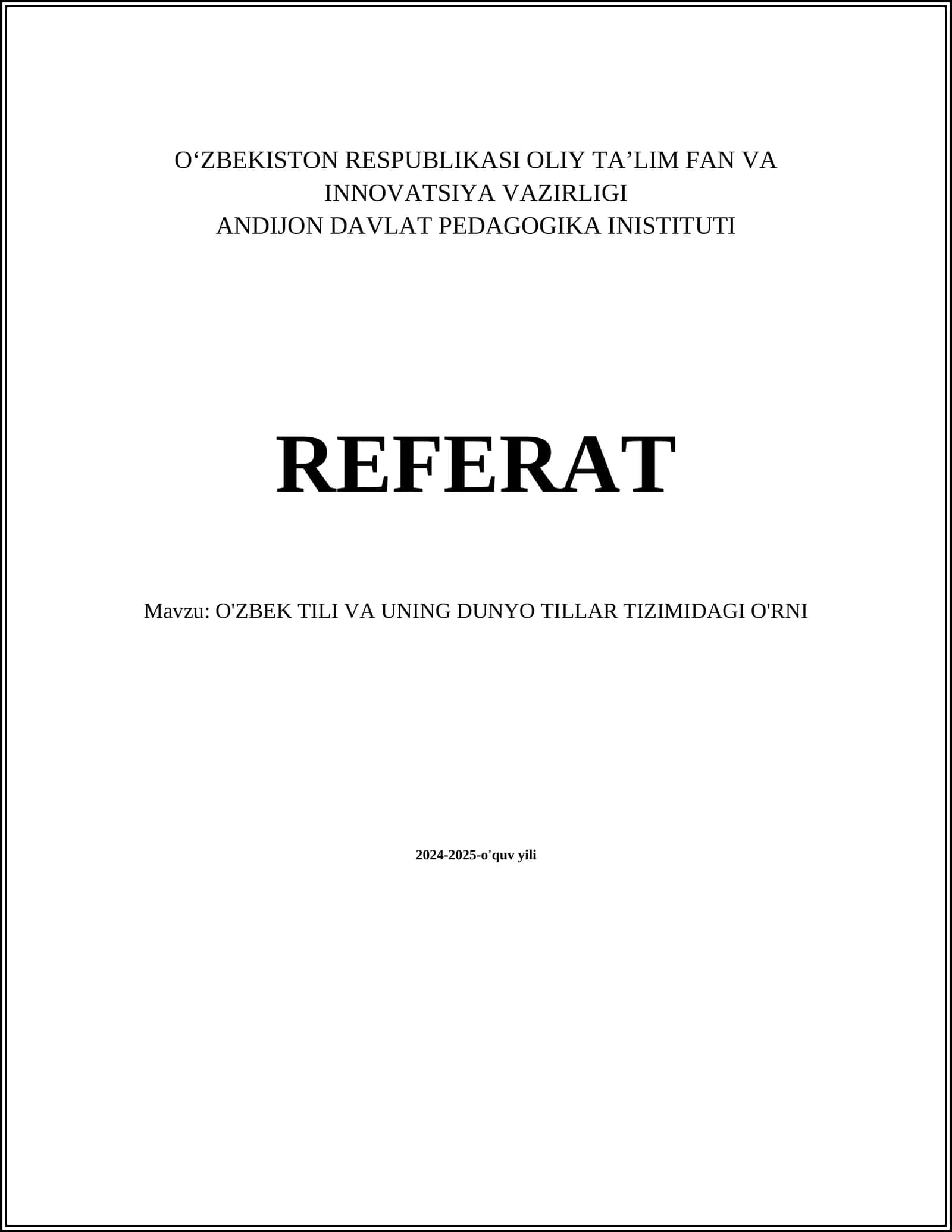 O'ZBEK TILI VA UNING DUNYO TILLAR TIZIMIDAGI O'RNI