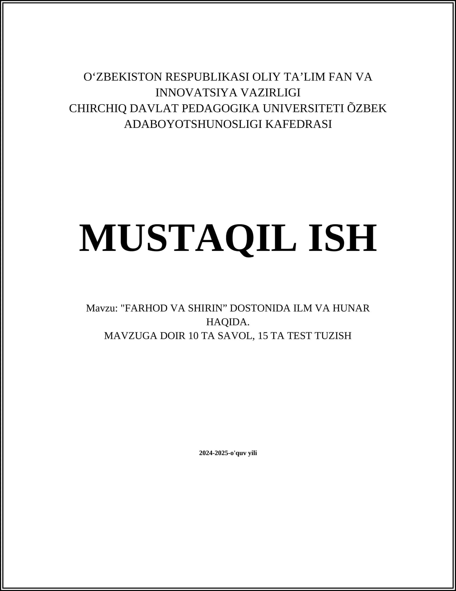 "FARHOD VA SHIRIN” DOSTONIDA ILM VA HUNAR HAQIDA