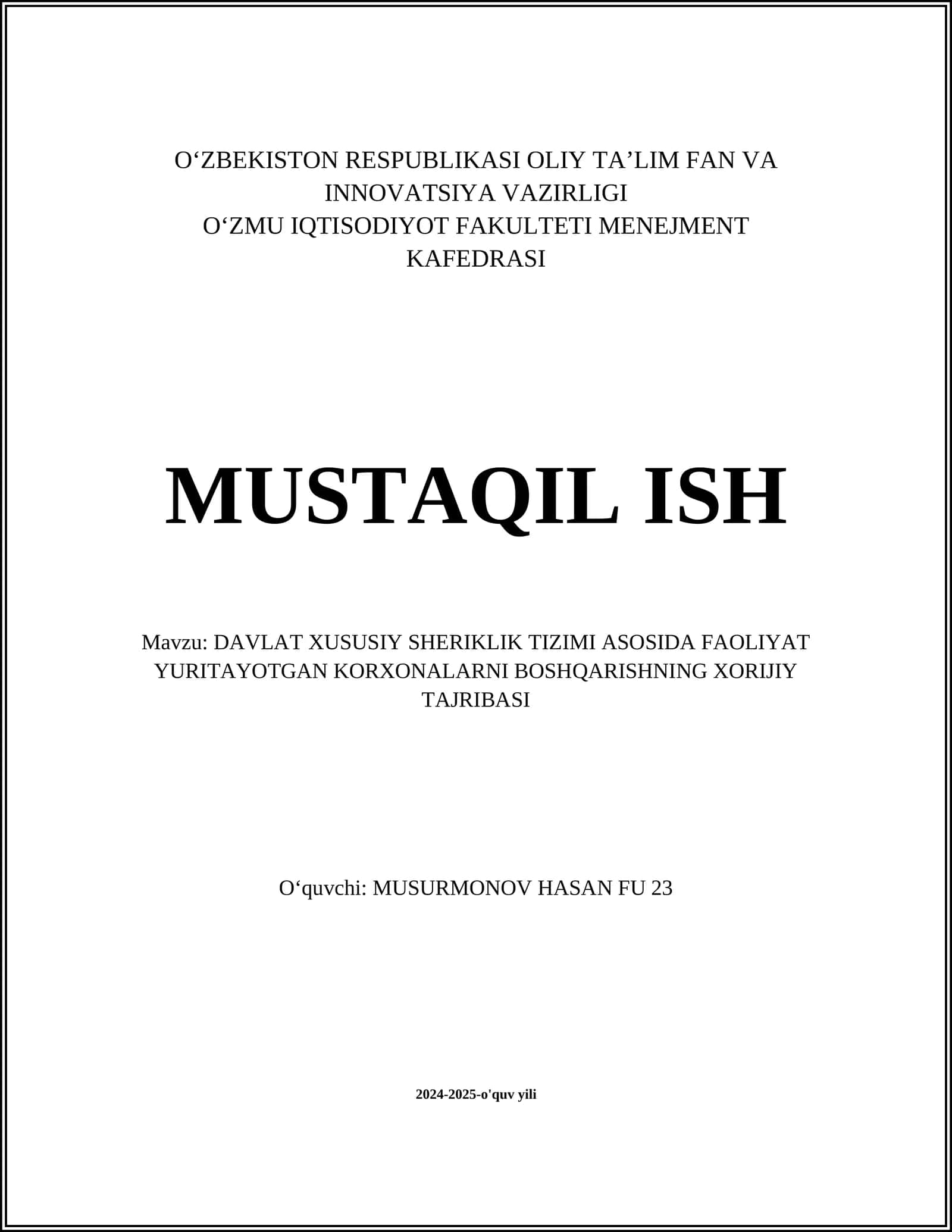 DAVLAT XUSUSIY SHERIKLIK TIZIMI ASOSIDA FAOLIYAT YURITAYOTGAN KORXONALARNI BOSHQARISHNING XORIJIY TAJRIBASI