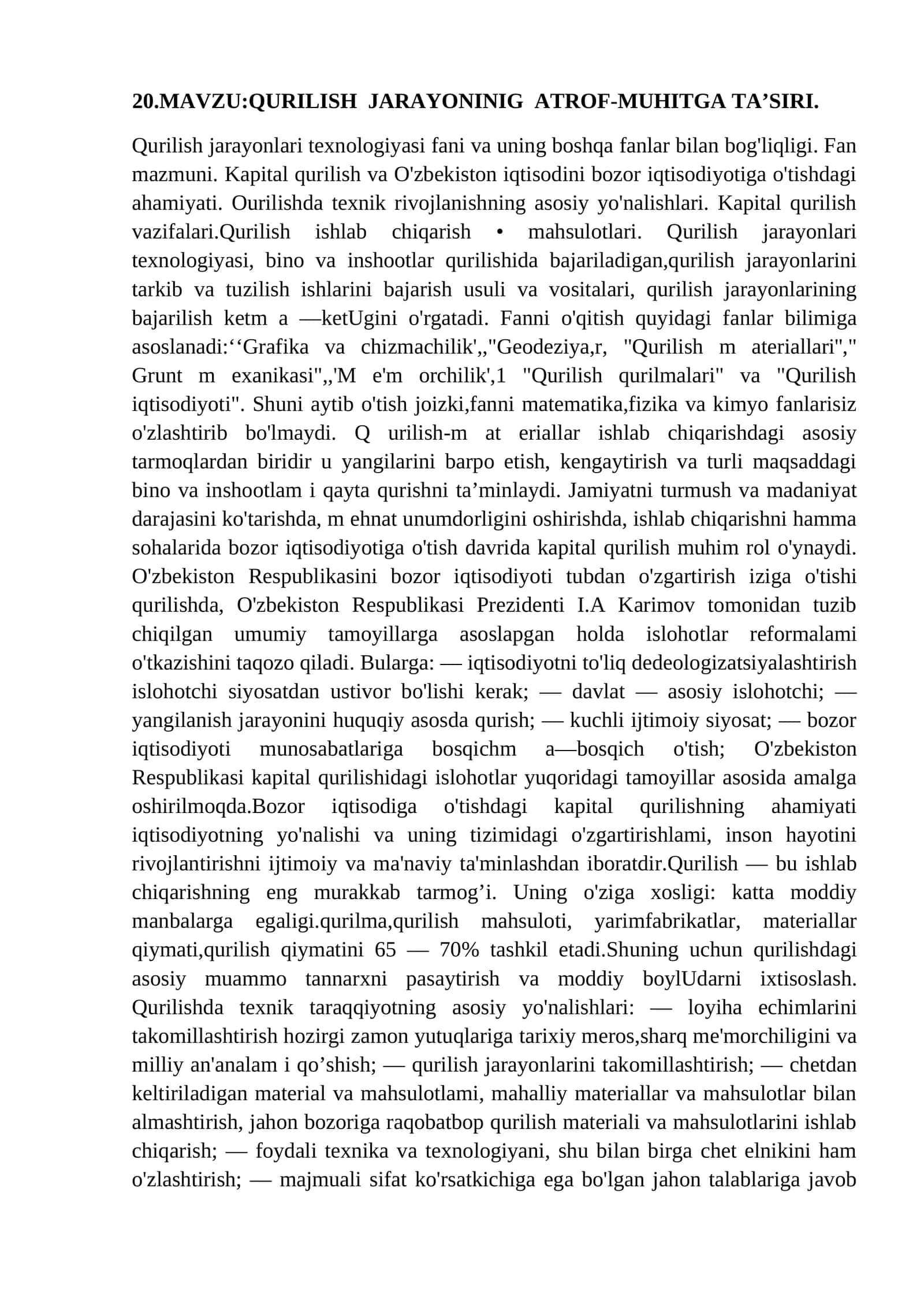 QURILISH JARAYONINIG ATROF-MUHITGA TA’SIRI