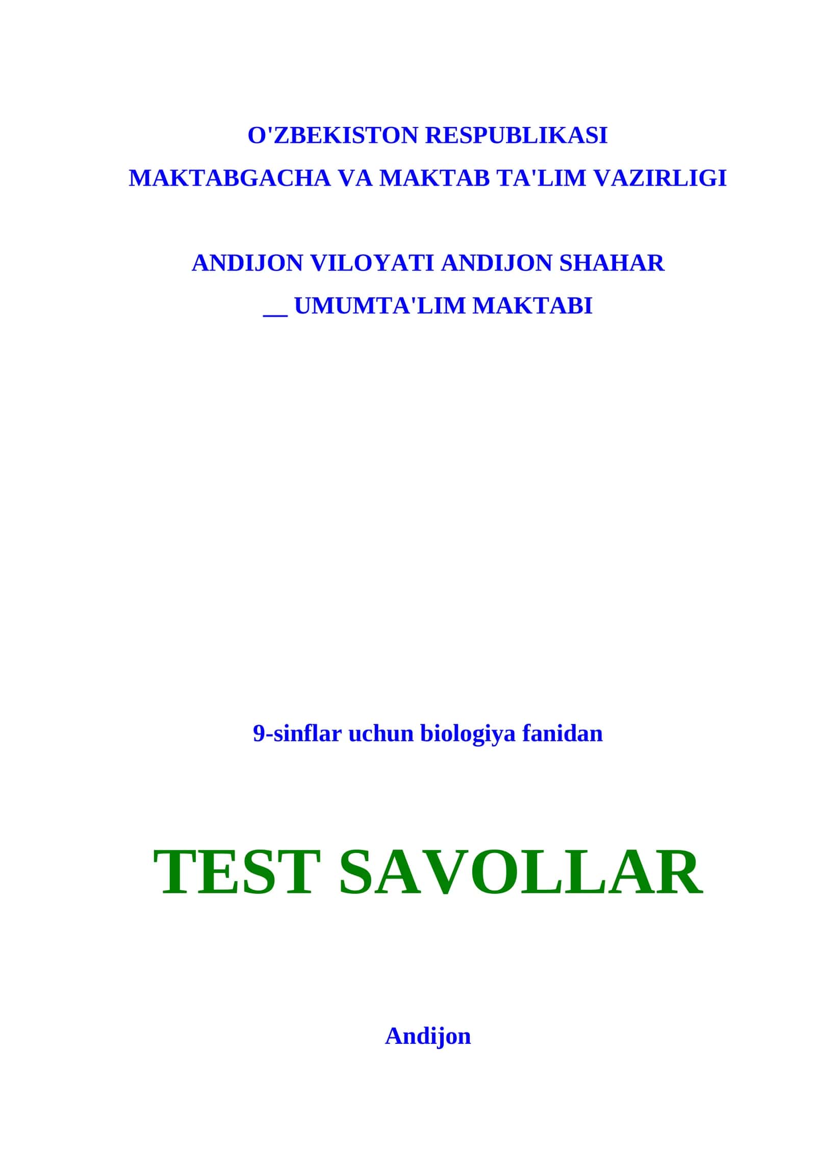 9-sinf biologiya fanidan test savollari