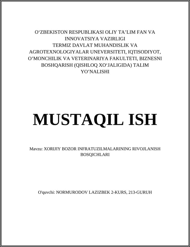 XORIJIY BOZOR INFRATUZILMALARINING RIVOJLANISH BOSQICHLARI